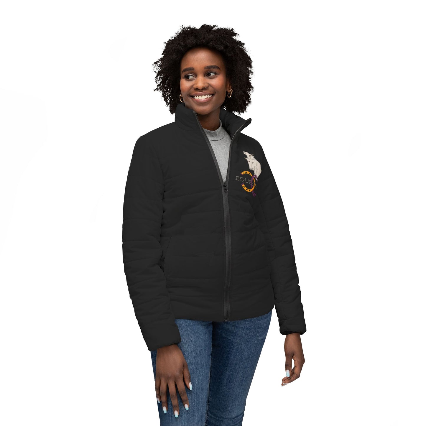Equestrian Women’s Black Puffer Jacket by artist Marie Frederique