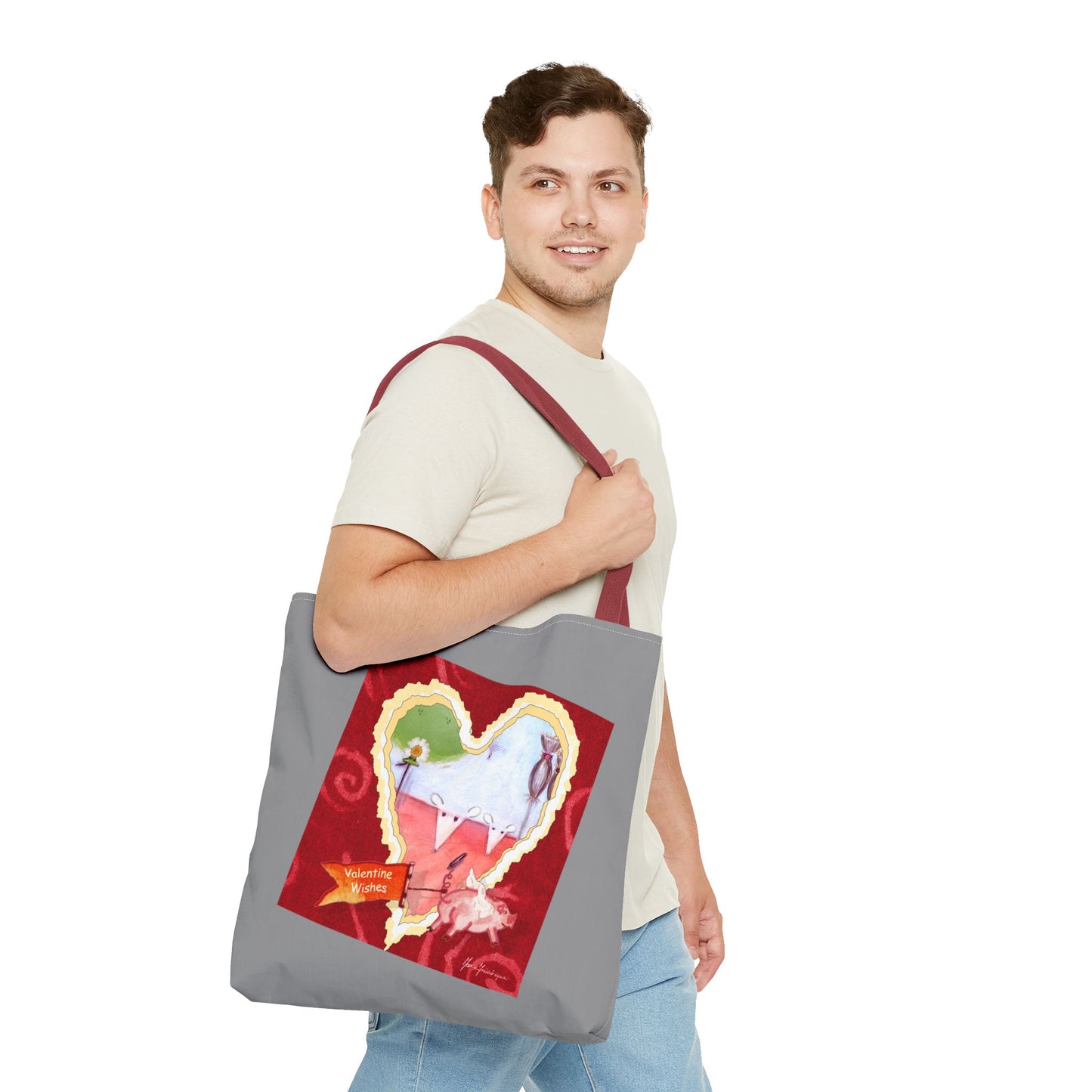 Valentine Tote Bag, Love is in the air - grey and red by artist Marie Frederique