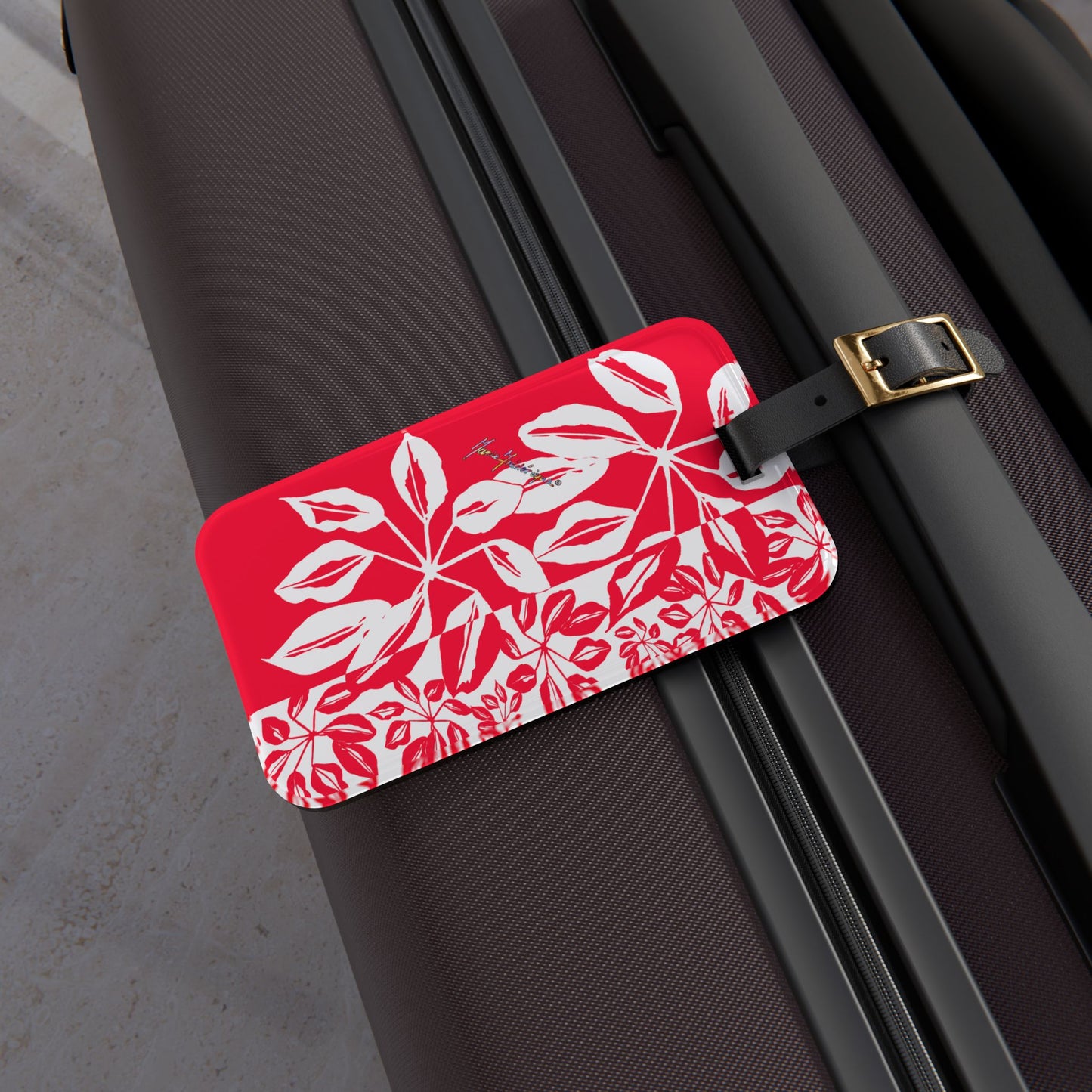 Luggage Tag, Tropical Leaves in Red and White by artist Marie Frederique