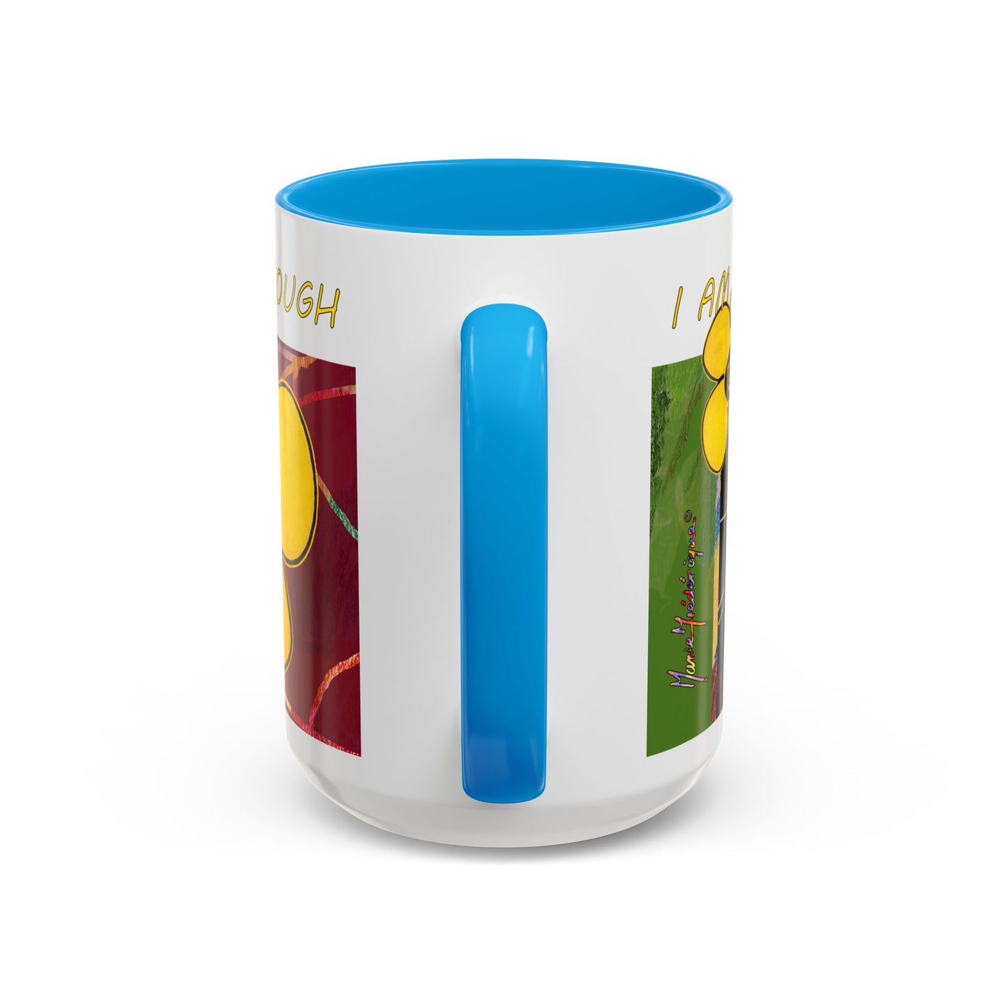 I am who I am and that is enough, multicolored abstract mug by artist Marie Frederique