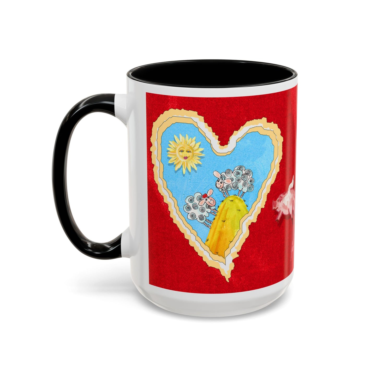 Valentine Sheep, Love is in the air with flying pig - Accent Coffee Mug (11, 15oz) by artist Marie Frederique