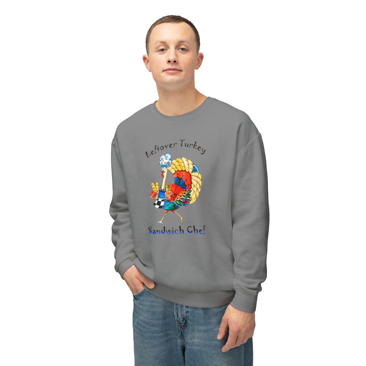 Thanksgiving Turkey Sandwich Chef - Unisex Lightweight Crewneck Sweatshirt by artist Marie Frederique