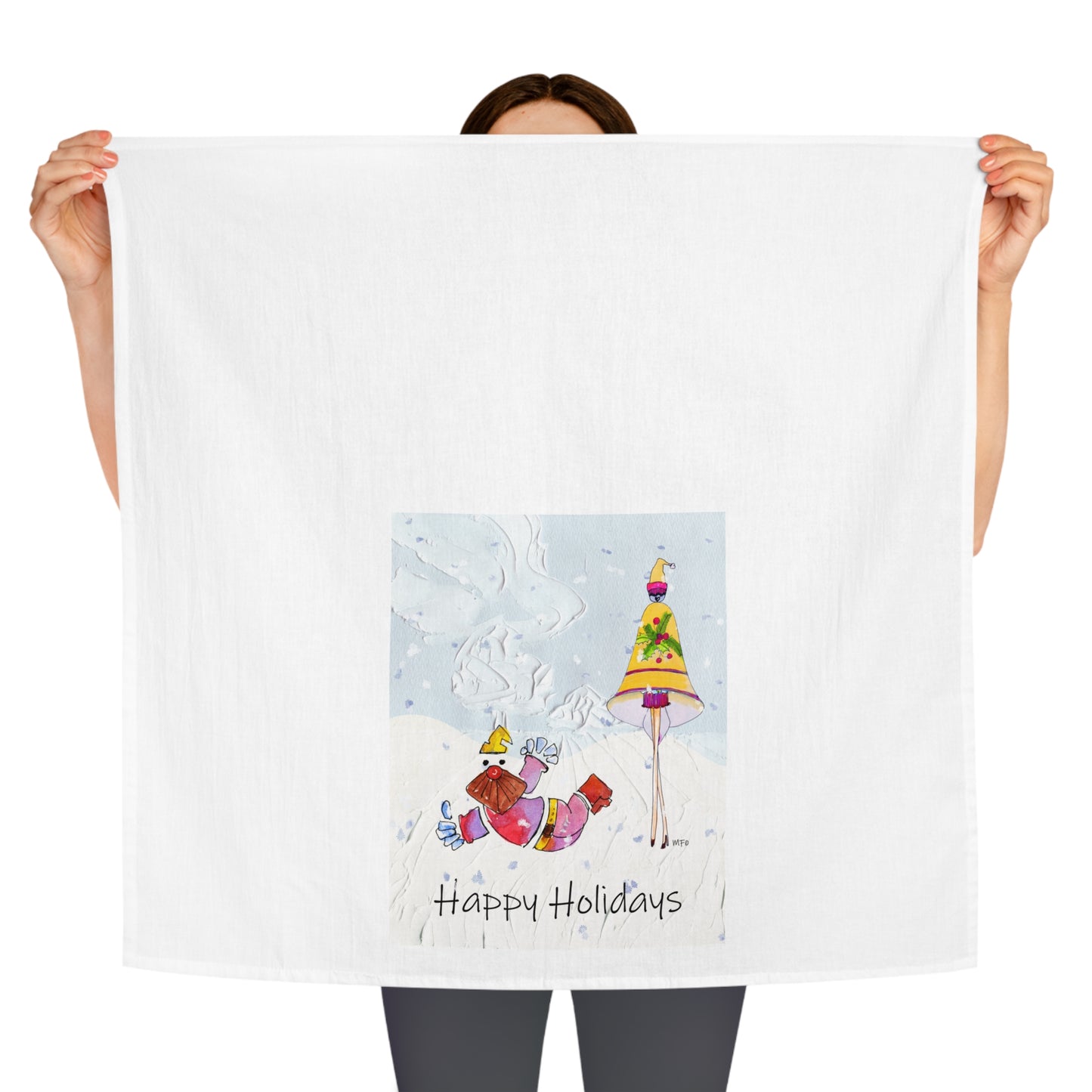 Christmas Tea Towel - Happy Holidays, Flying Santa Kitchen Decor by artist Marie Frederique