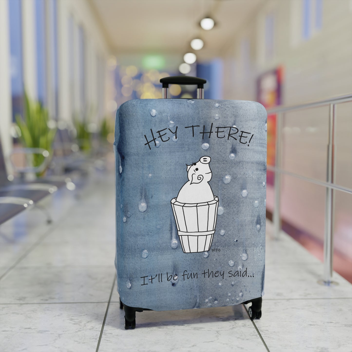 Luggage Cover, Mr. Pig - It'll be fun they said... on a blue wet look background by artist Marie Frederique