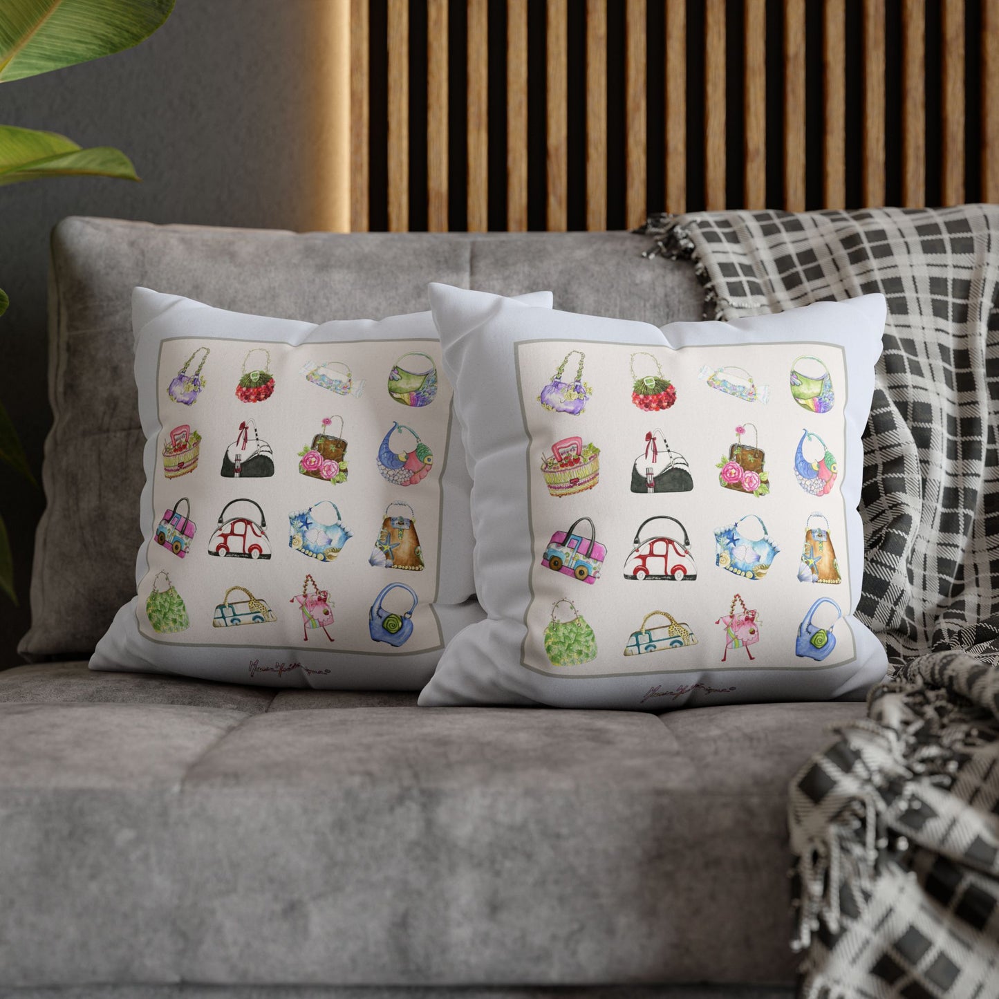 Handbag Illustration Faux Suede Pillowcase — Decorative Square Throw Pillow by artist Marie Frederique