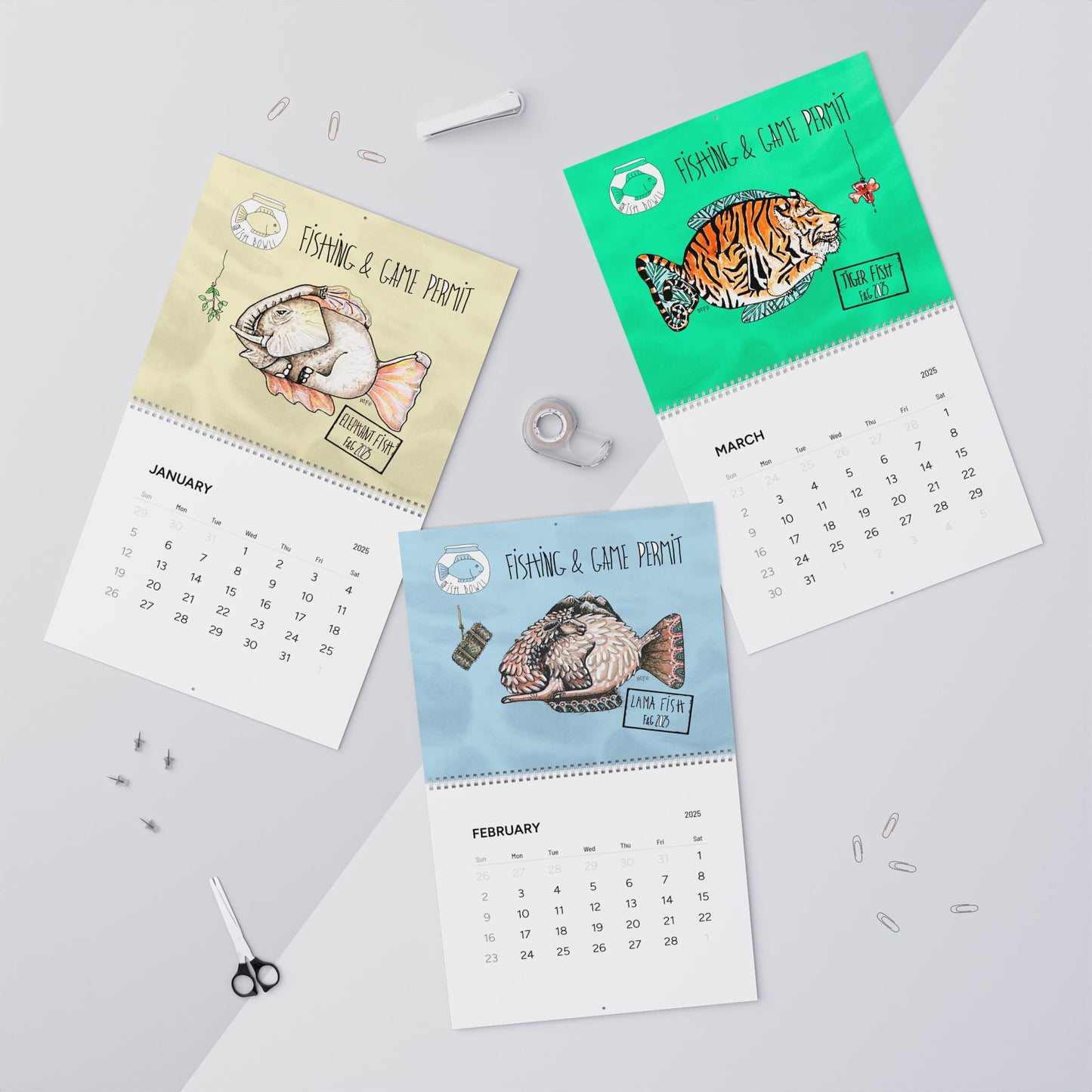 Fishing & Game permit Wall Calendar (2025) by artist Marie Frederique