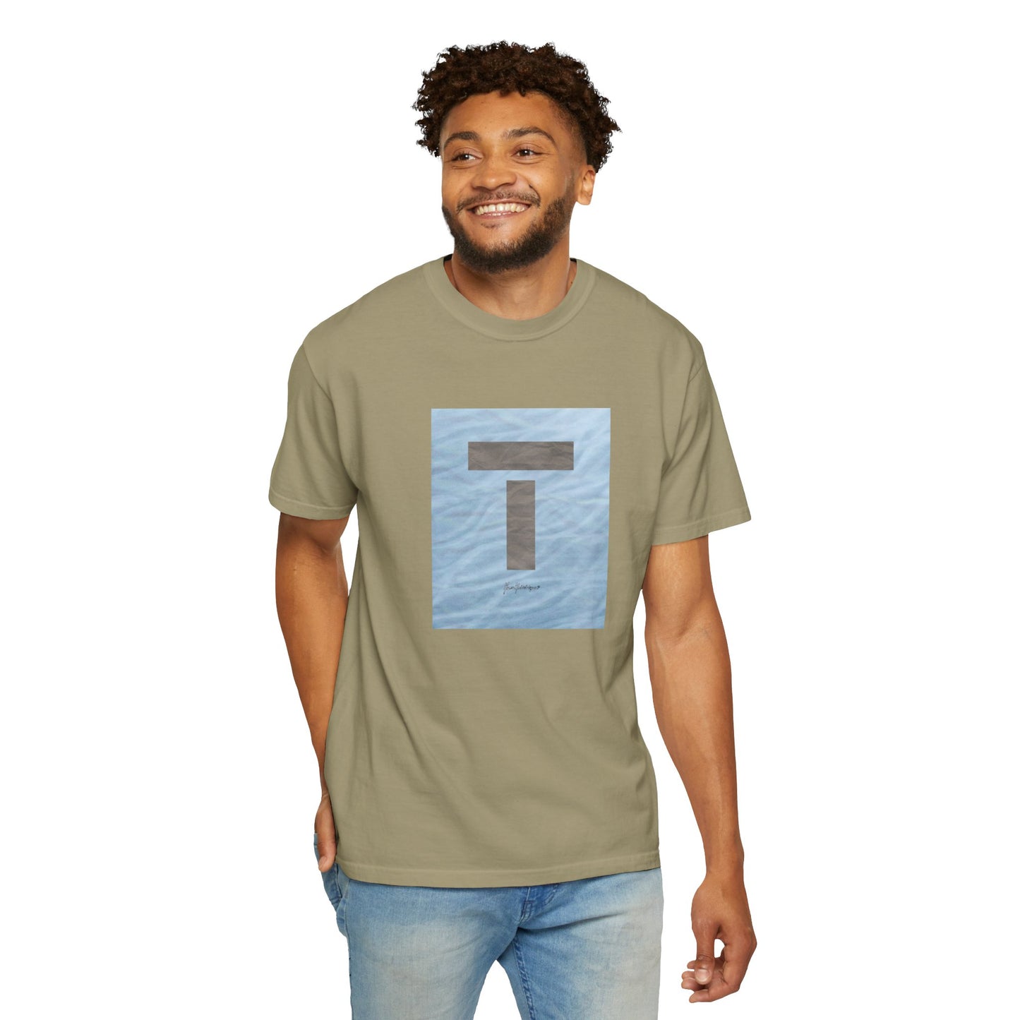 T symbol, Star Energy in a soft grey with light blue water reflections, Unisex Garment-Dyed T-shirt by artist Marie Frederique