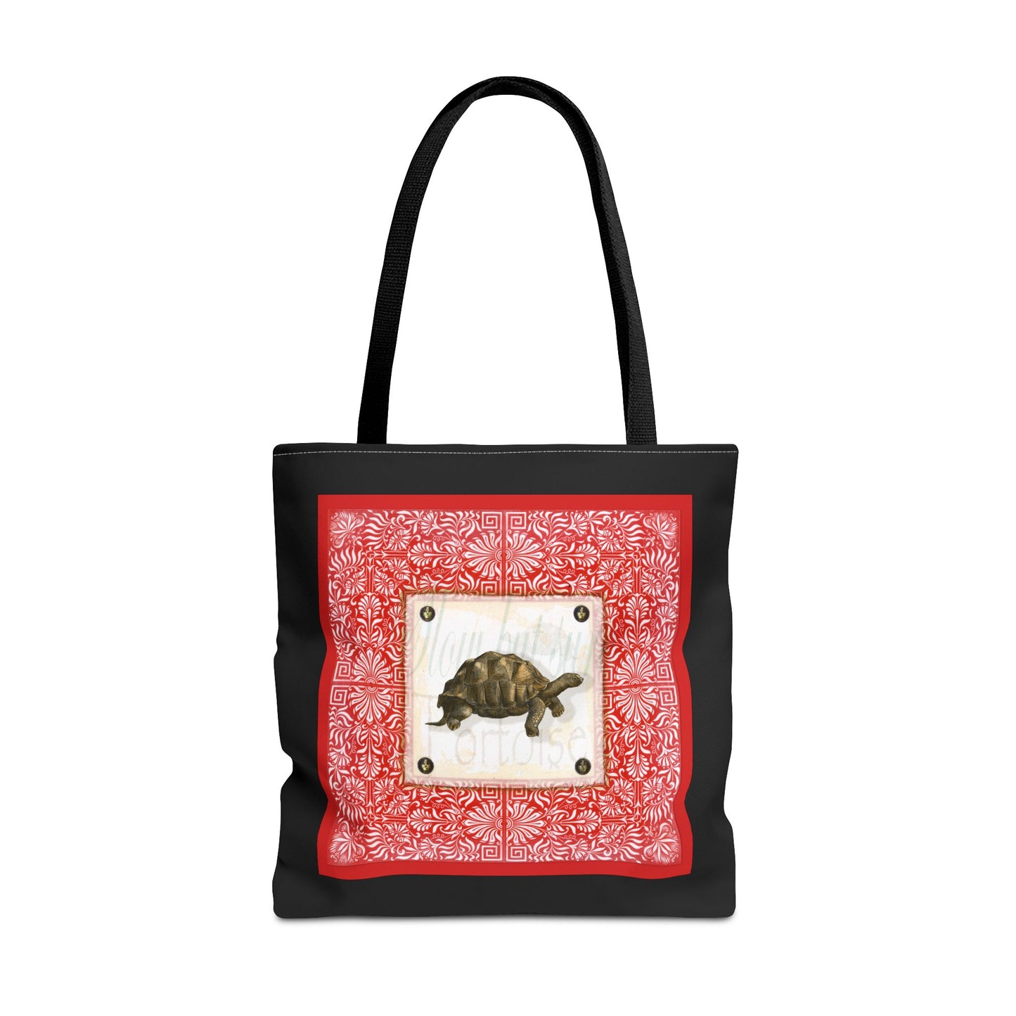 Tortoise, Red on black Tote Bag by artist Marie Frederique