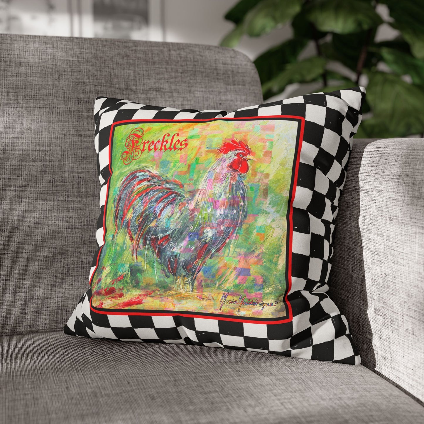 Rooster Checkered Faux Suede Pillowcase — "Freckles" Farmhouse Throw Pillow Cover by artist Marie Frederique