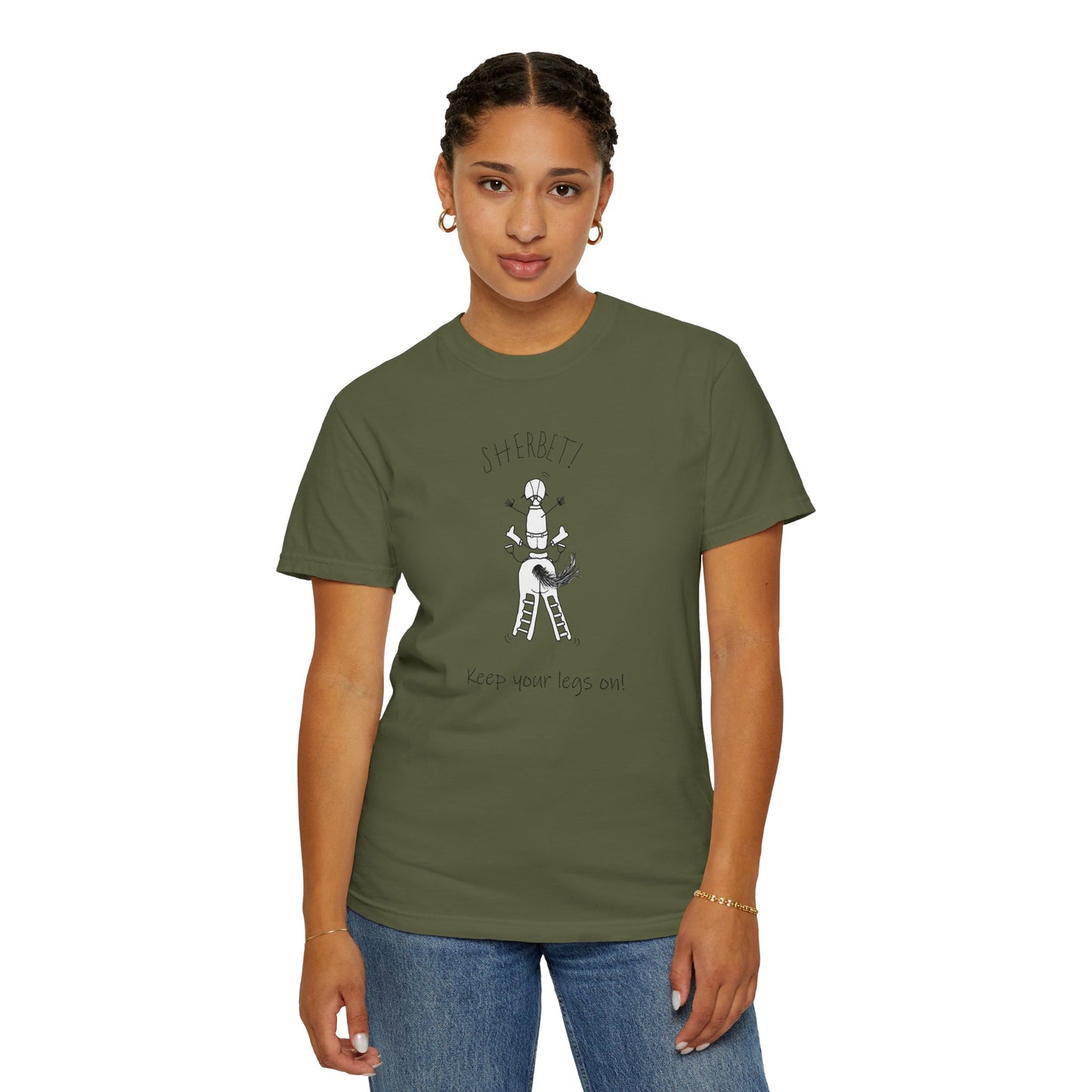 Equestrian KEEP YOUR LEGS ON! T-shirt - Jumping Caricature Design by artist Marie Frederique