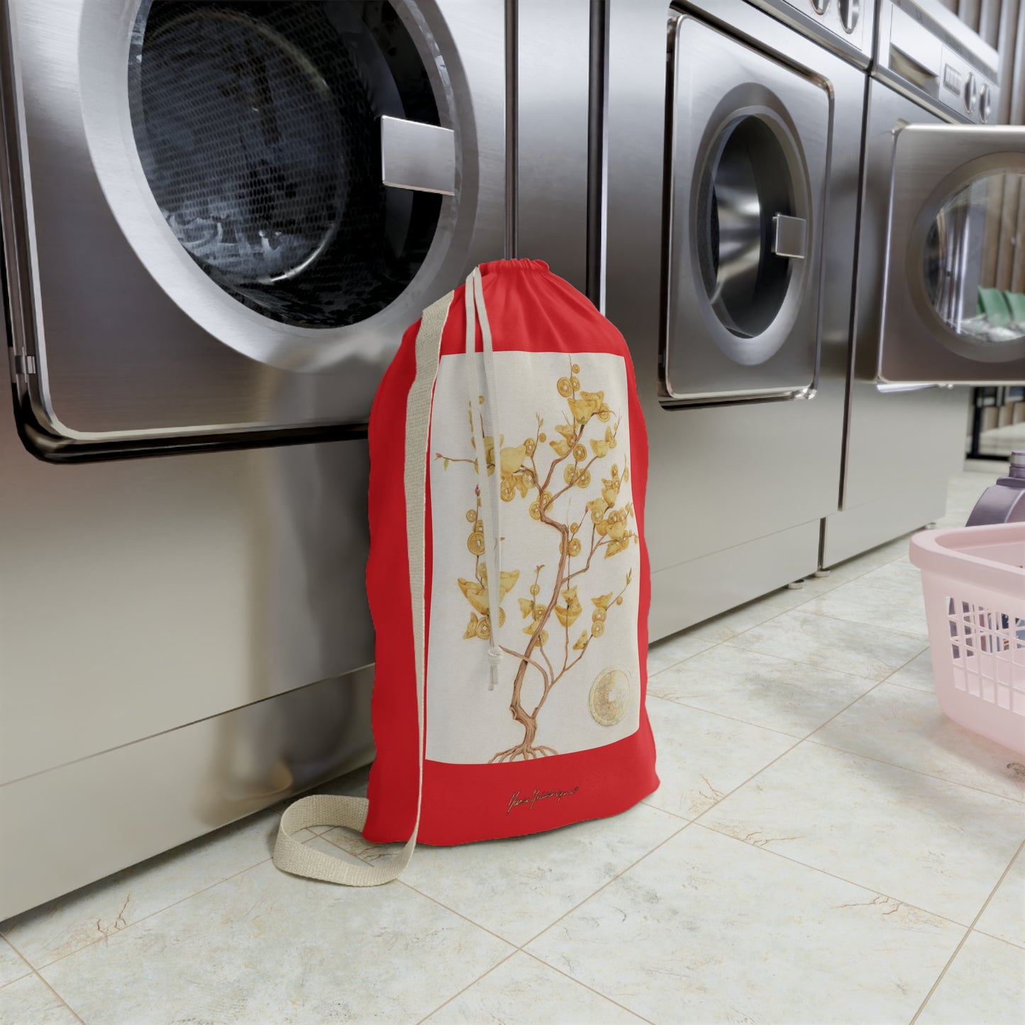 Floral Golden Money Tree Laundry Bag — Drawstring Laundry Sack by artist Marie Frederique