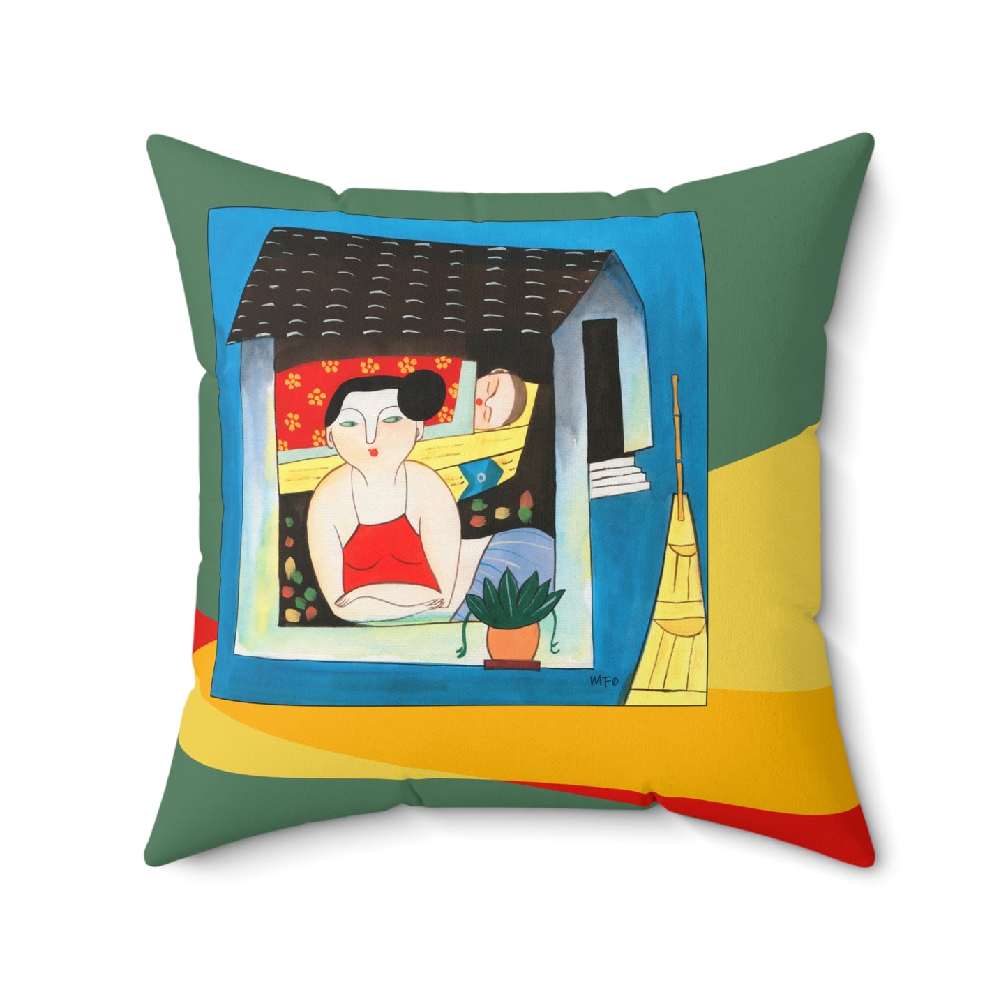 Vibrant Naive Art Faux Suede Square Pillow by artist Marie Frederique