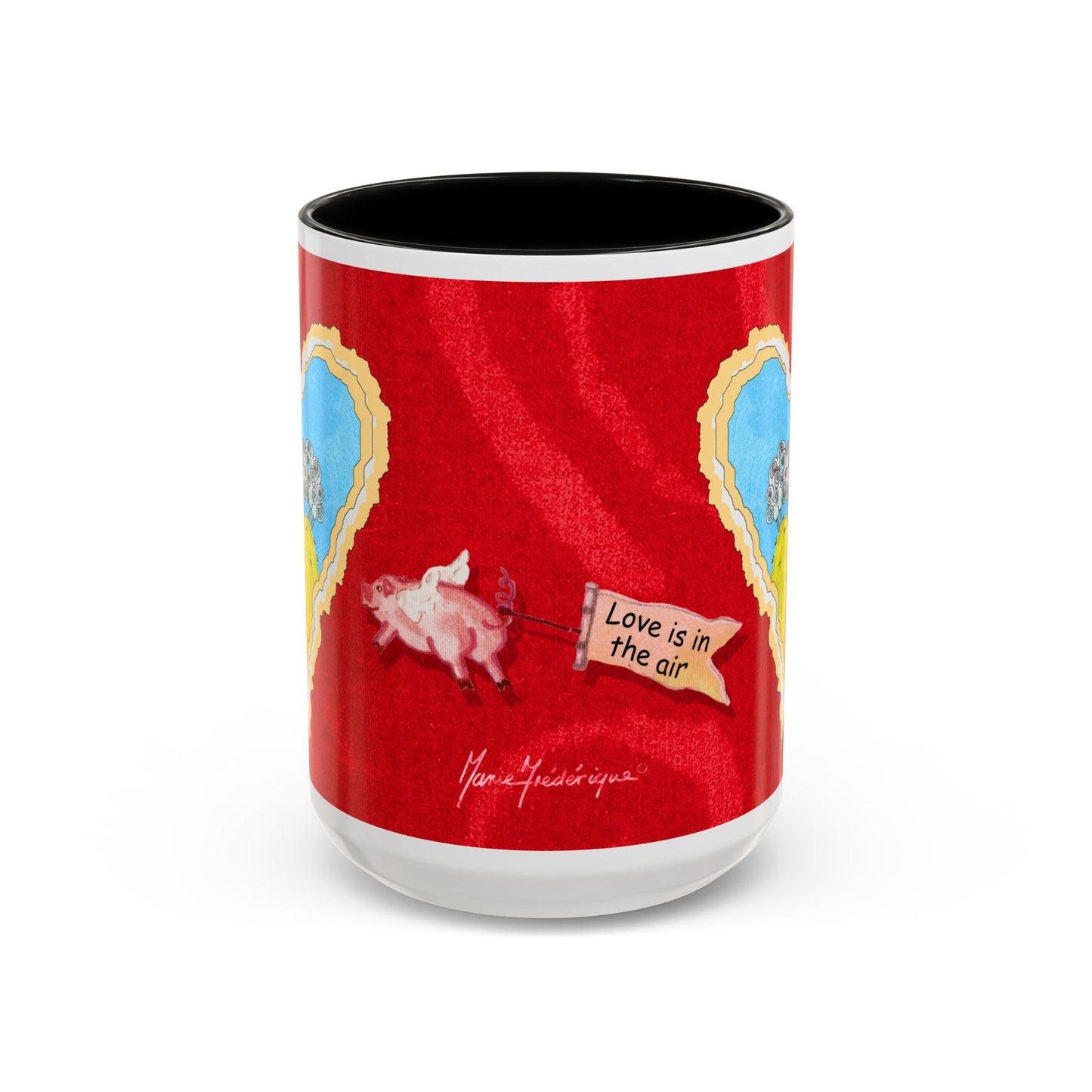 Valentine Sheep, Love is in the air with flying pig - Accent Coffee Mug (11, 15oz) by artist Marie Frederique