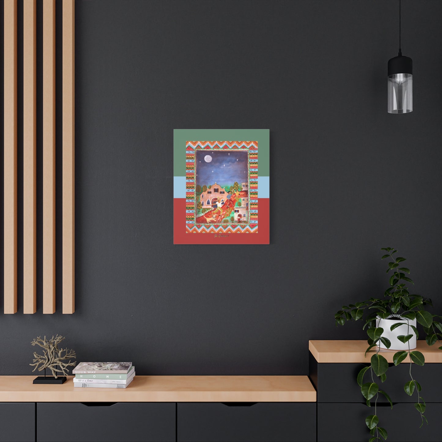 Southwestern Folk Art Canvas Print — Moonlit Village Scene by artist Marie Frederique