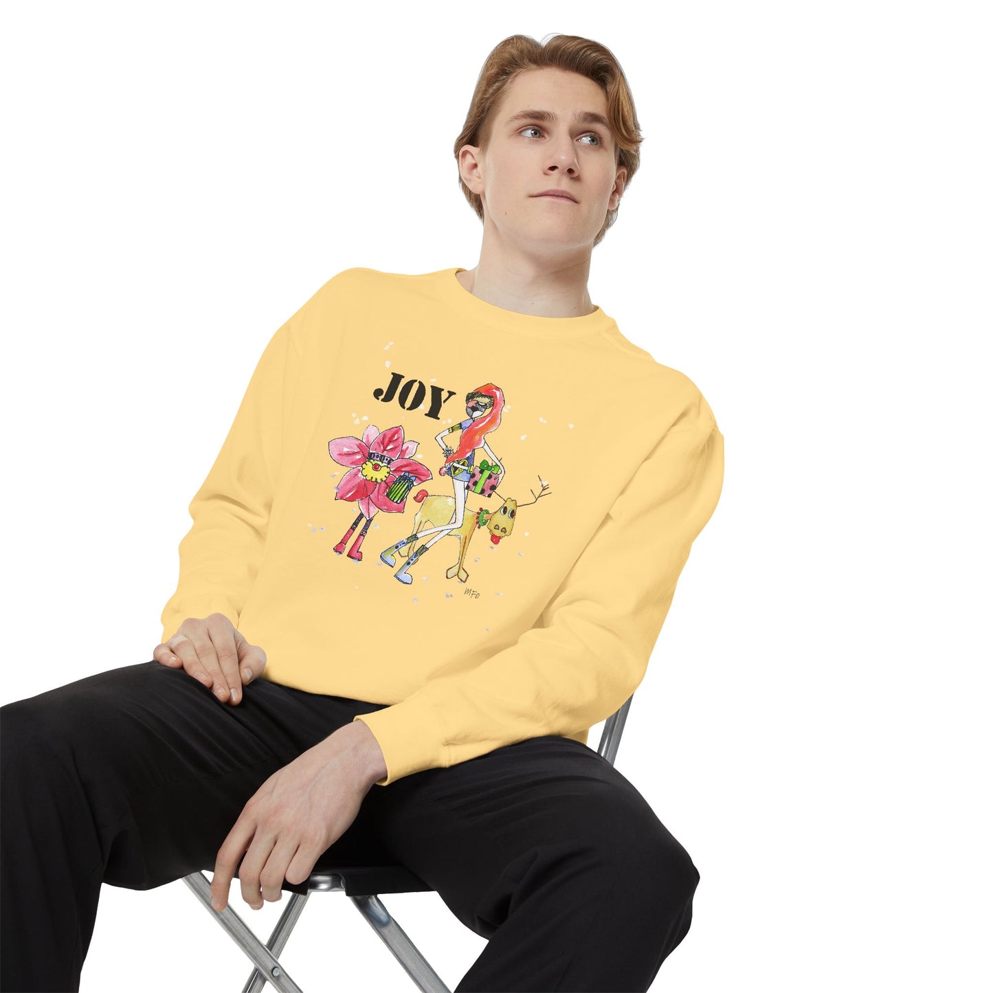 Christmas Sweatshirt "JOY" with Whimsical Characters by artist Marie Frederique
