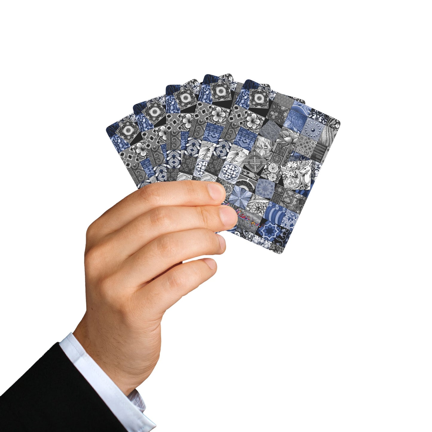 Mosaic Blue Squares, Stylish Poker Playing Cards Set - Decorative Black/white & Blue Design by artist Marie Frederique