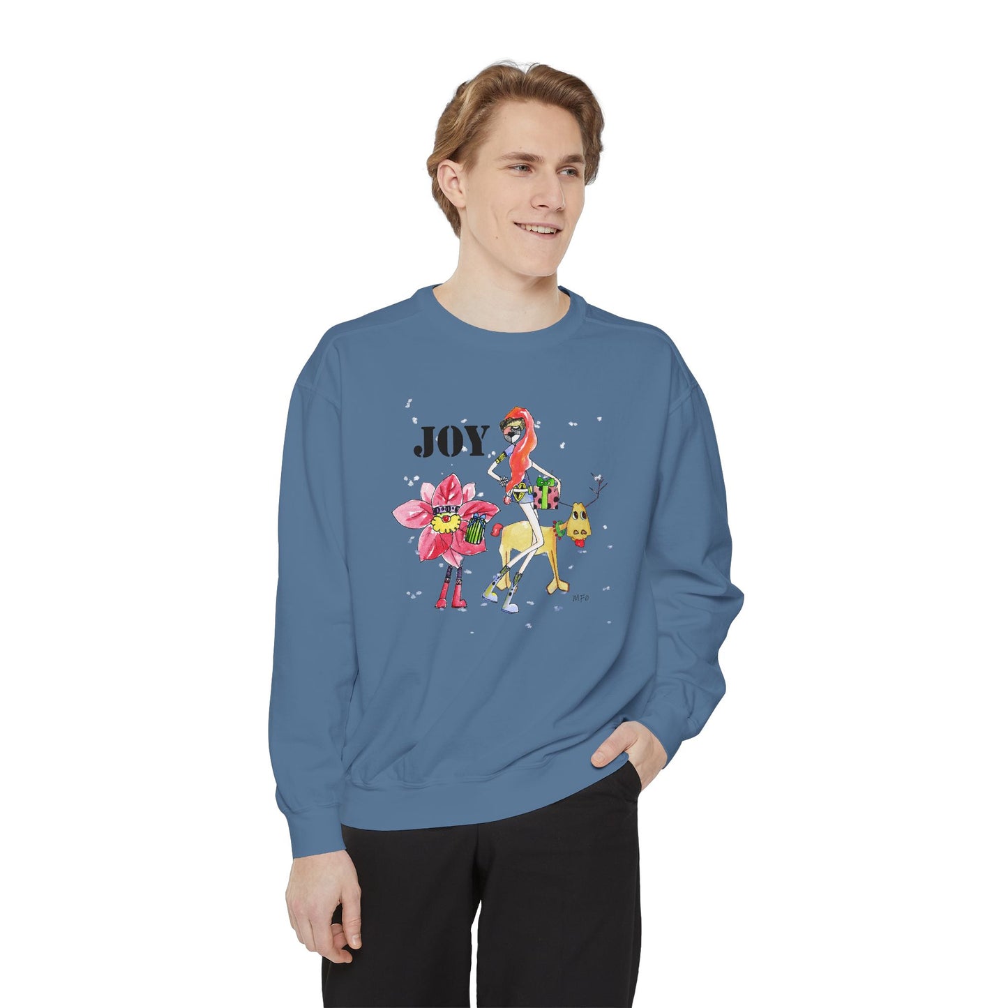 Christmas Sweatshirt "JOY" with Whimsical Characters by artist Marie Frederique