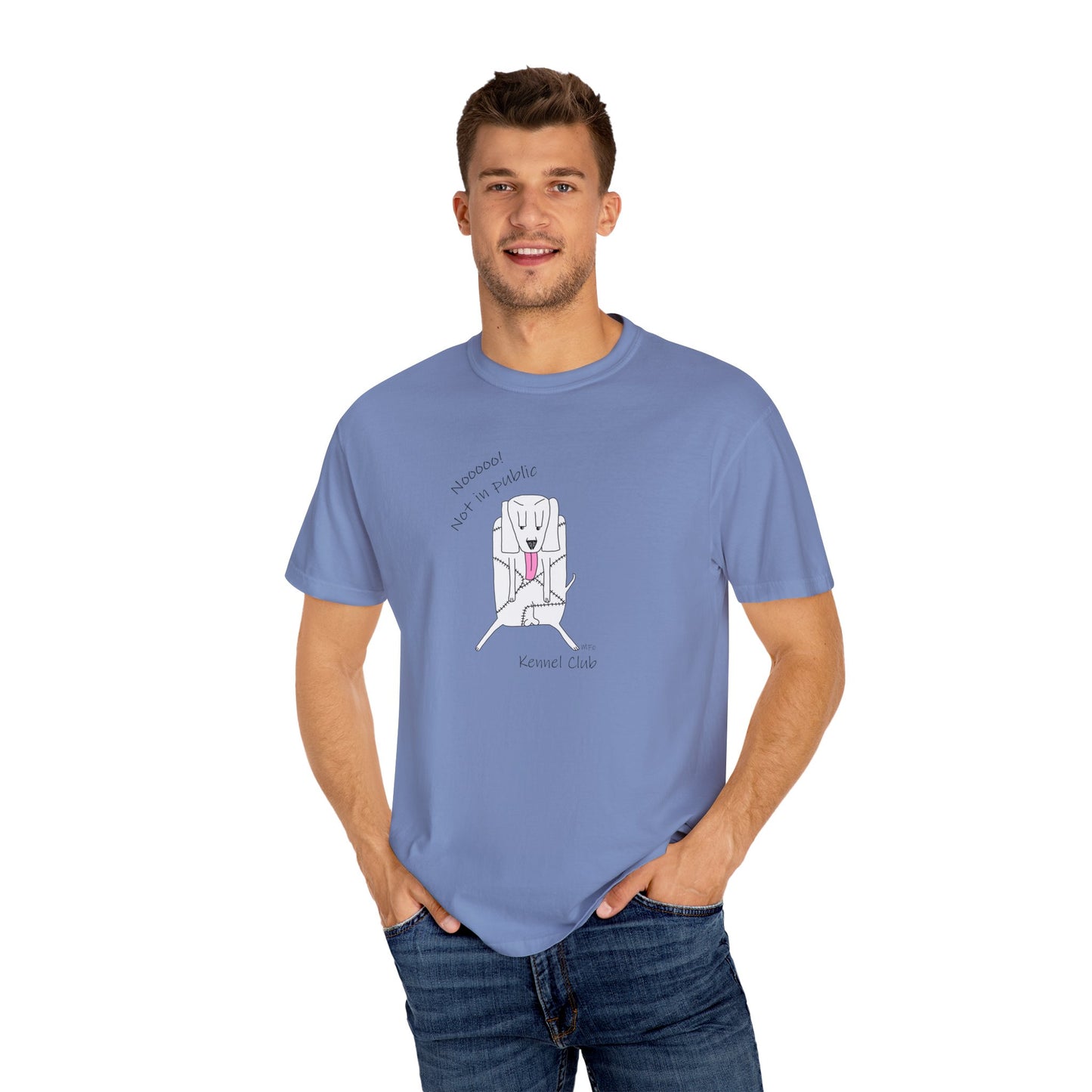Kennel Club, "Nooooo! Not in public" Whimsical B & W Drawing of a patchwork dog licking - Unisex Garment-Dyed T-shirt by artist Marie Frederique