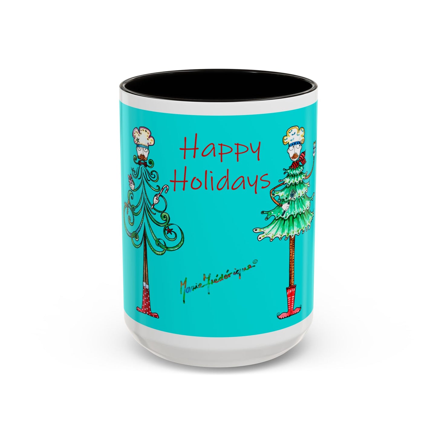 Christmas Trees, Happy Holiday Colorful Mugs by artist Marie Frederique