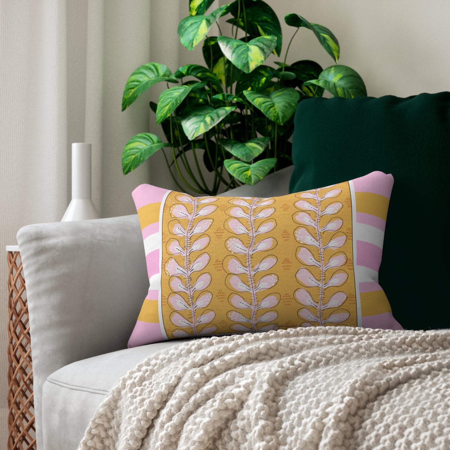 Decorative Gold and Pink Boho lumbar Pillow - Double-Sided Polyester Design by artist Marie Frederique