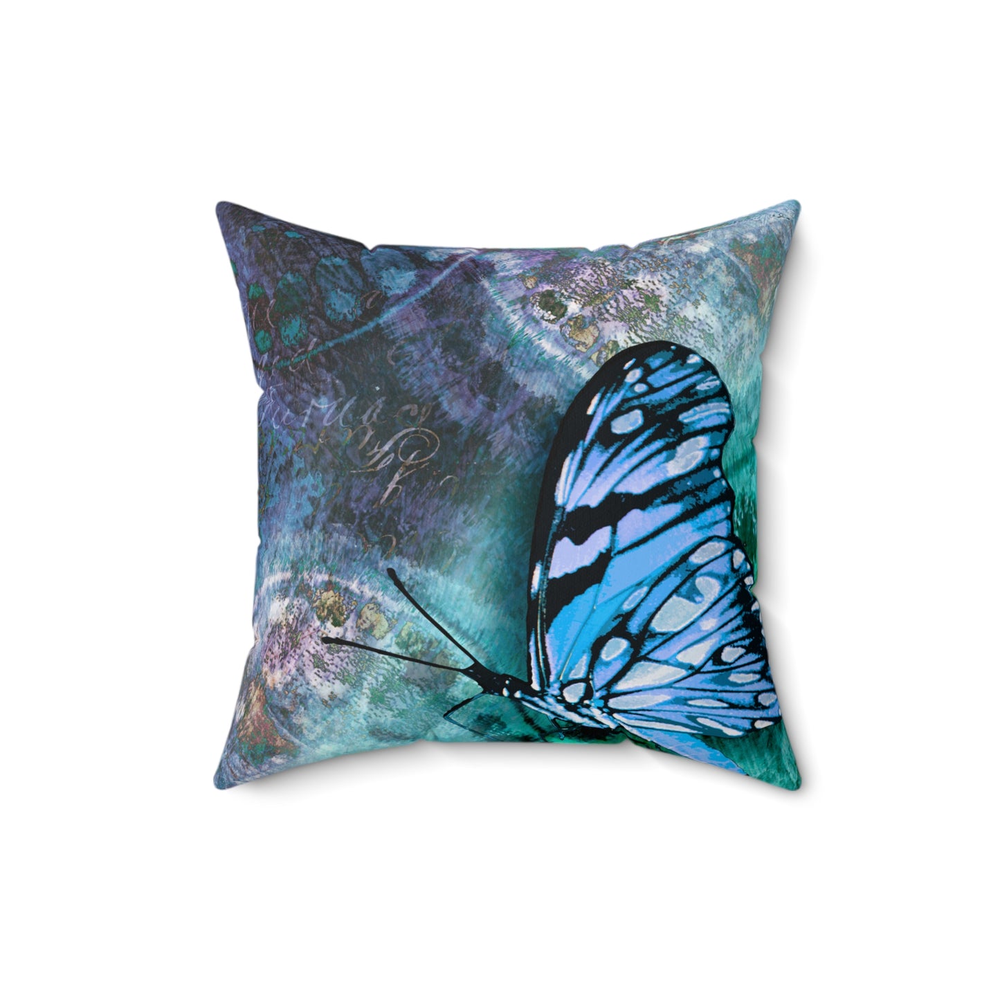 Blue Butterfly Faux Suede Square Pillow by artist Marie Frederique