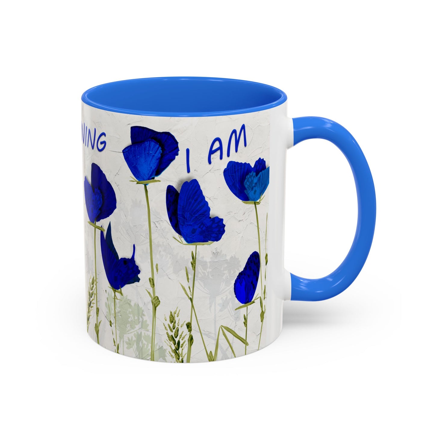 I am awakening, Butterfly flowers in blues. Colorful Mug by Artist Marie Frederique
