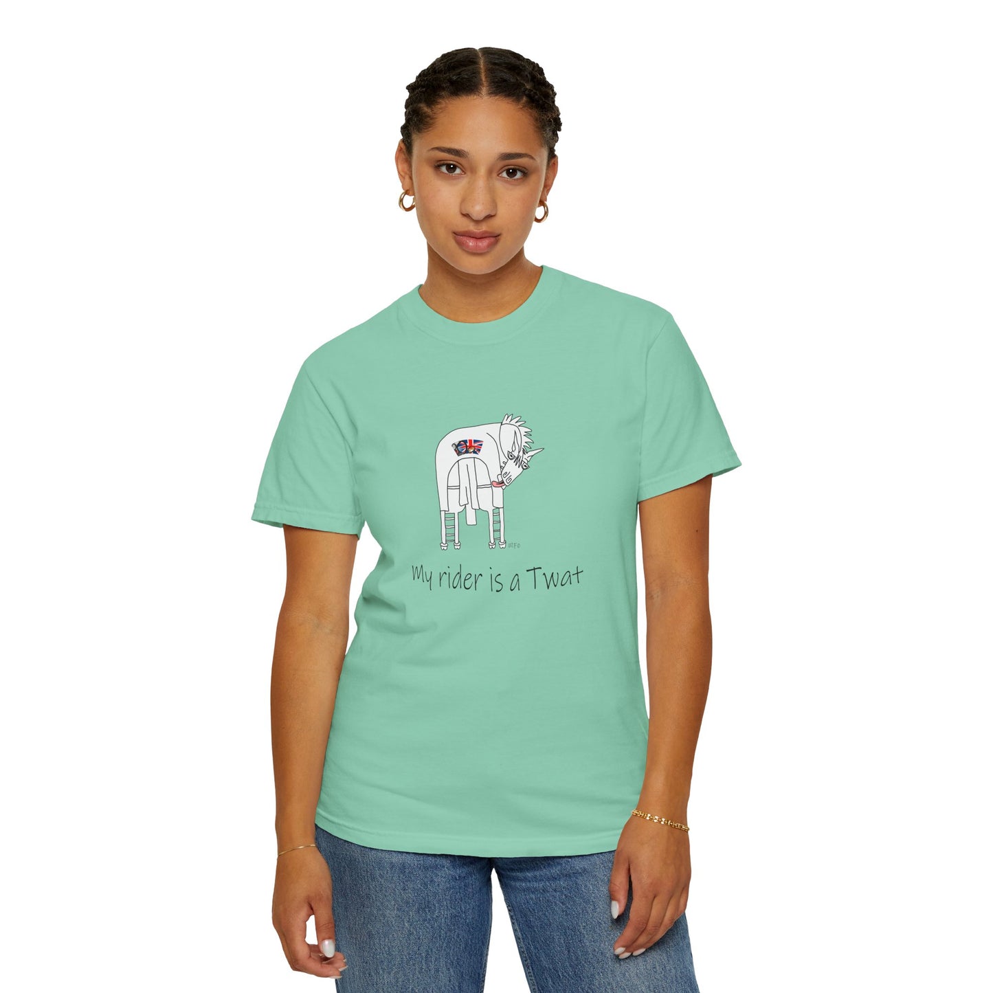 Equestrian British Humor Unisex Garment-Dyed T-Shirt - "My Rider is a Twat" by artist Marie Frederique