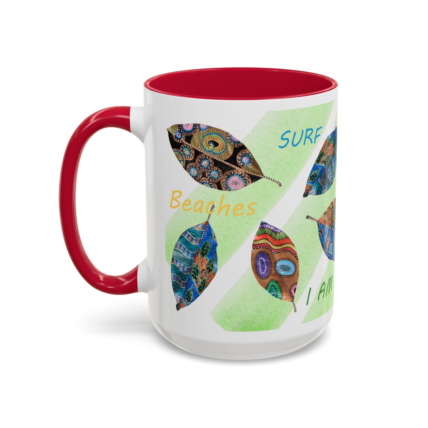 Surf, Sand and Sun multicolored painted leaves - Colorful Mug by Artist Marie Frederique