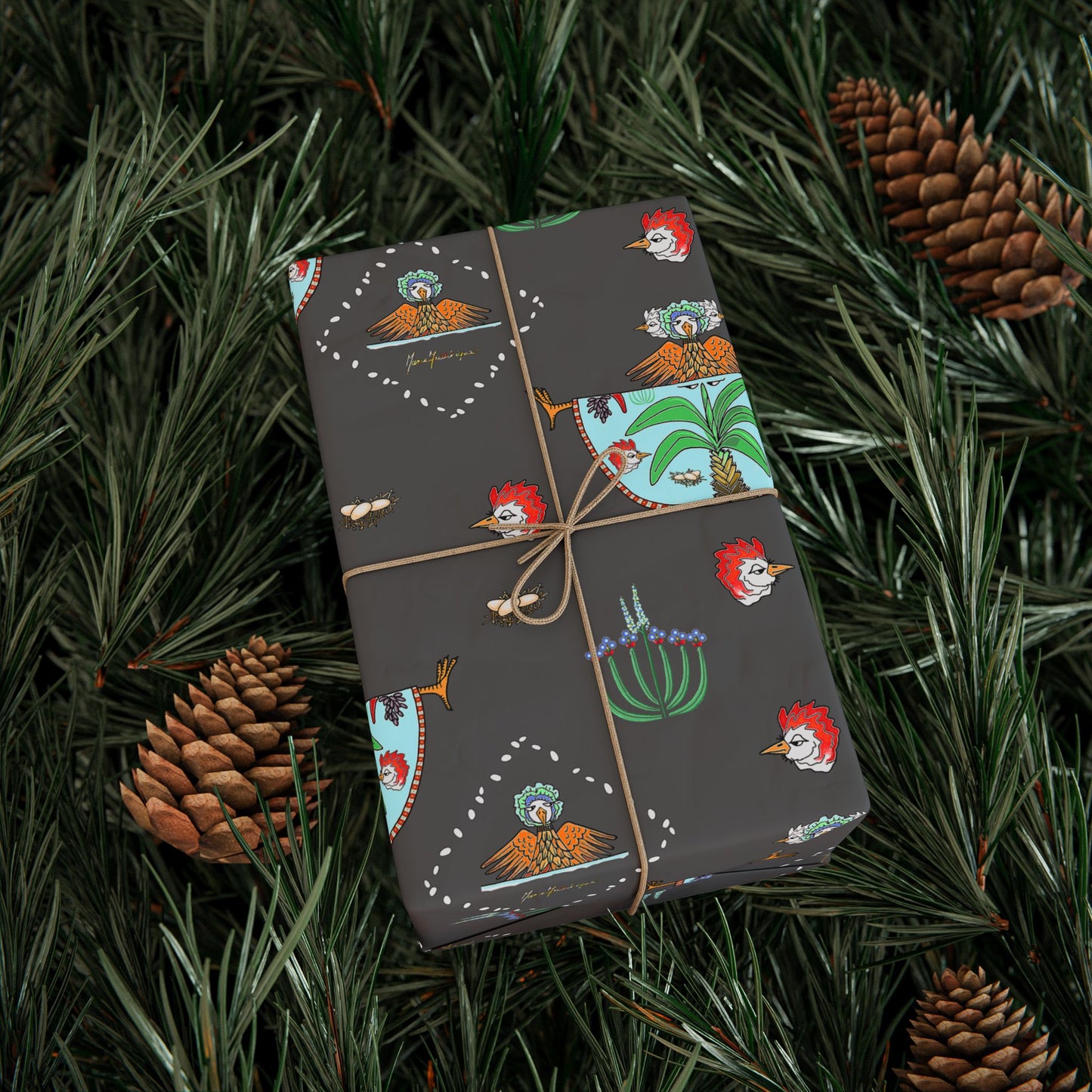 Chicken Dancing Pattern on Charcoal Background Wrapping Paper by artist Marie Frederique