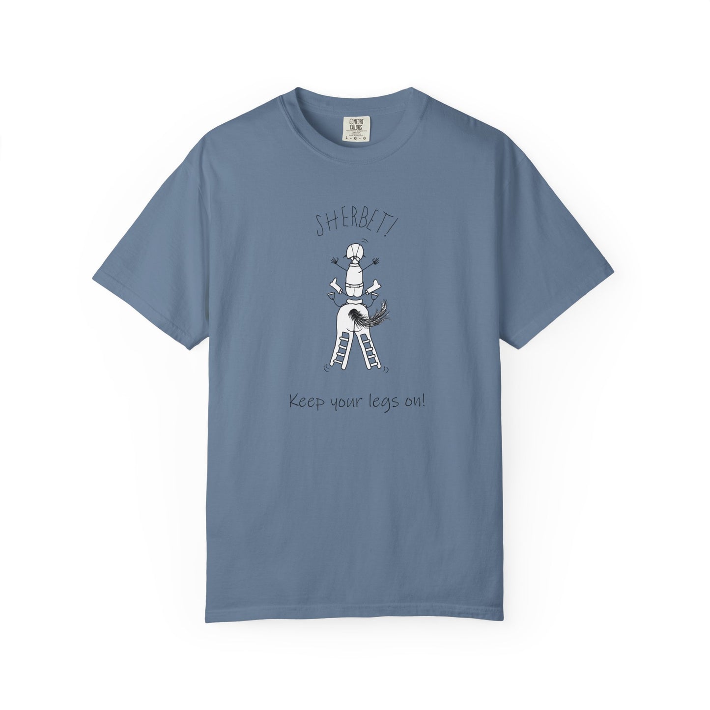 Equestrian KEEP YOUR LEGS ON! T-shirt - Jumping Caricature Design by artist Marie Frederique