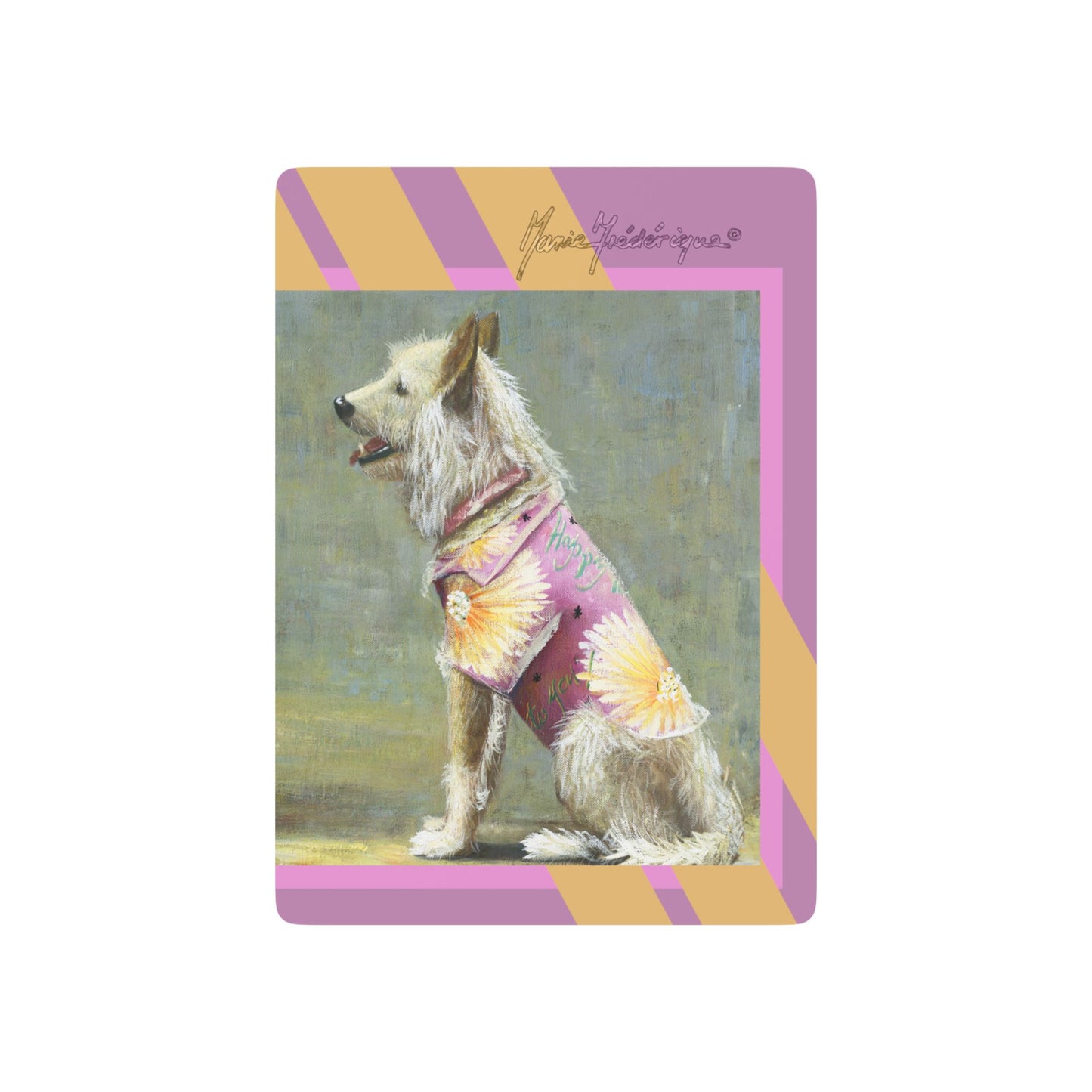 Playing Cards - Fun Oil Painting of a Man's Best Friend in Pink Floral Dog Coat by artist Marie Frederique