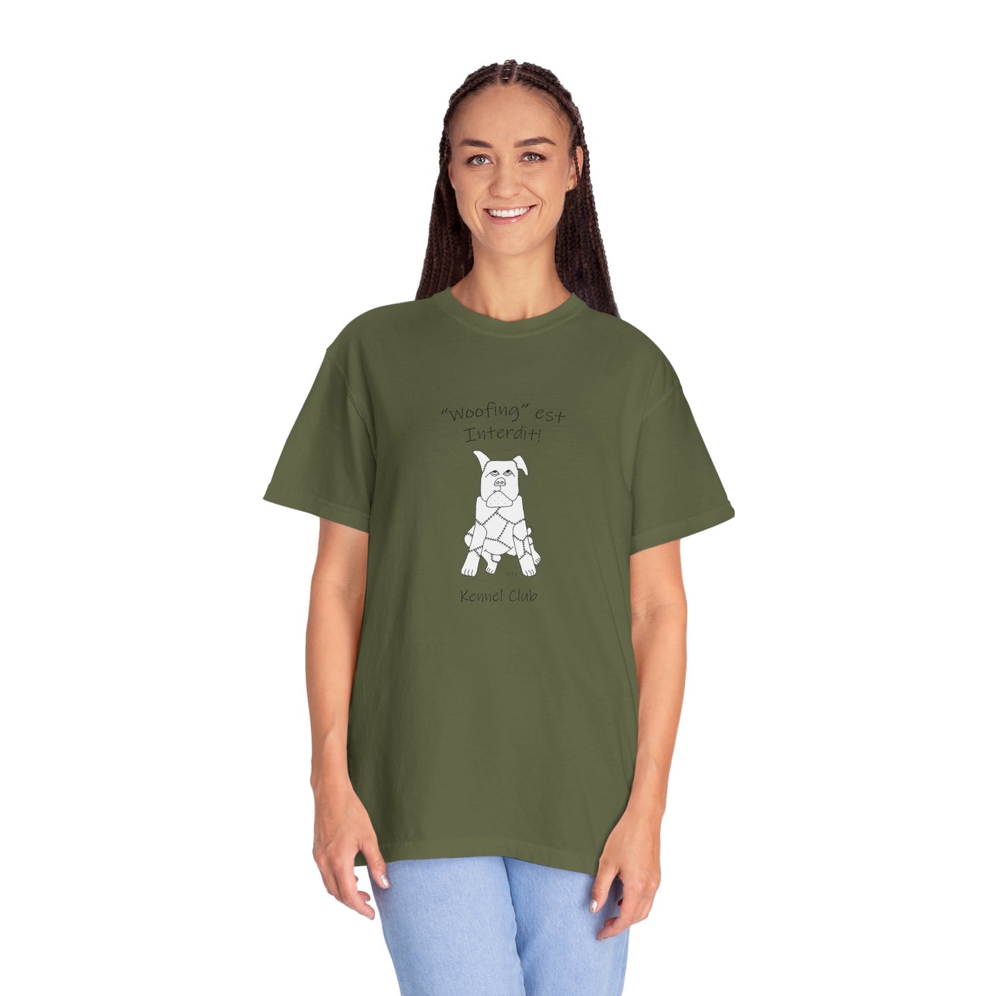 Dog lovers, teach your dog French - "Woofing est Interdit!" (Soft Barking not allowed) Unisex Garment-Dyed T-shirt by artist Marie Frederique