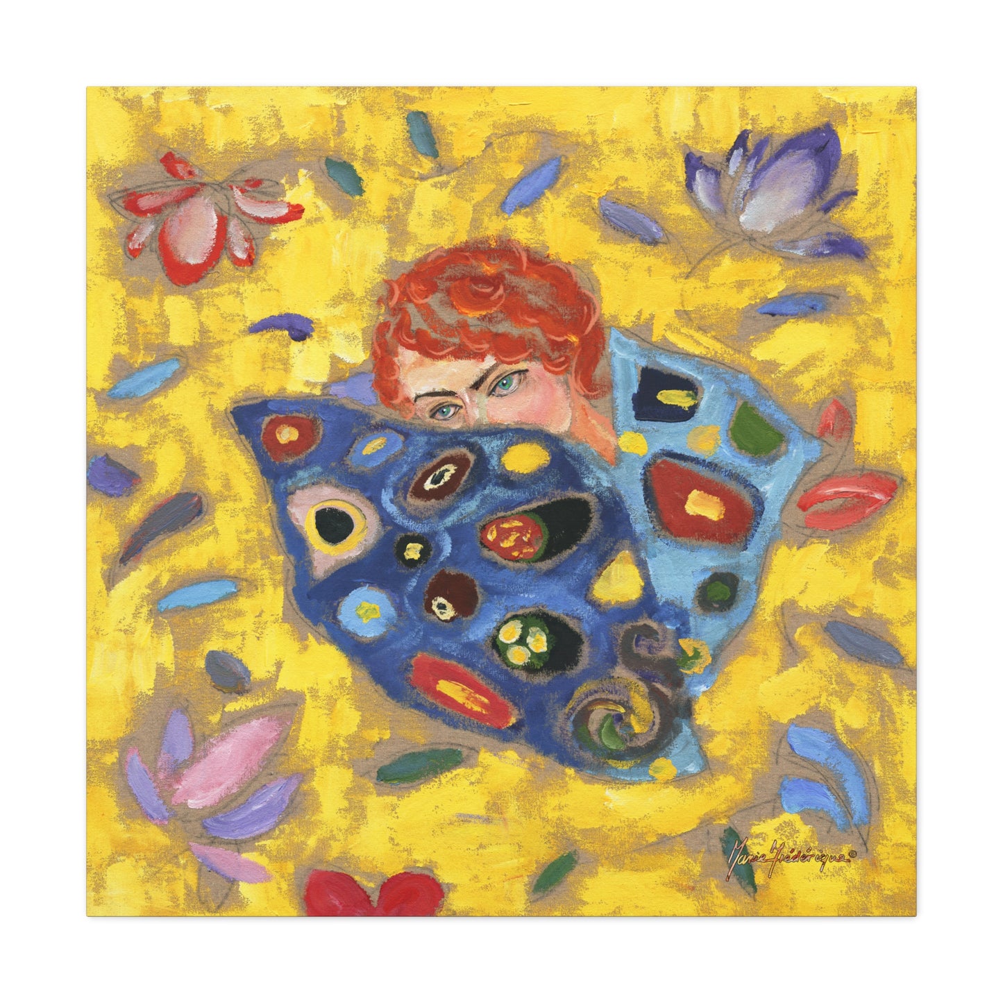 Rose 2 with vibrant yellow and blue Canvas Wall Art by artist Marie Frederique