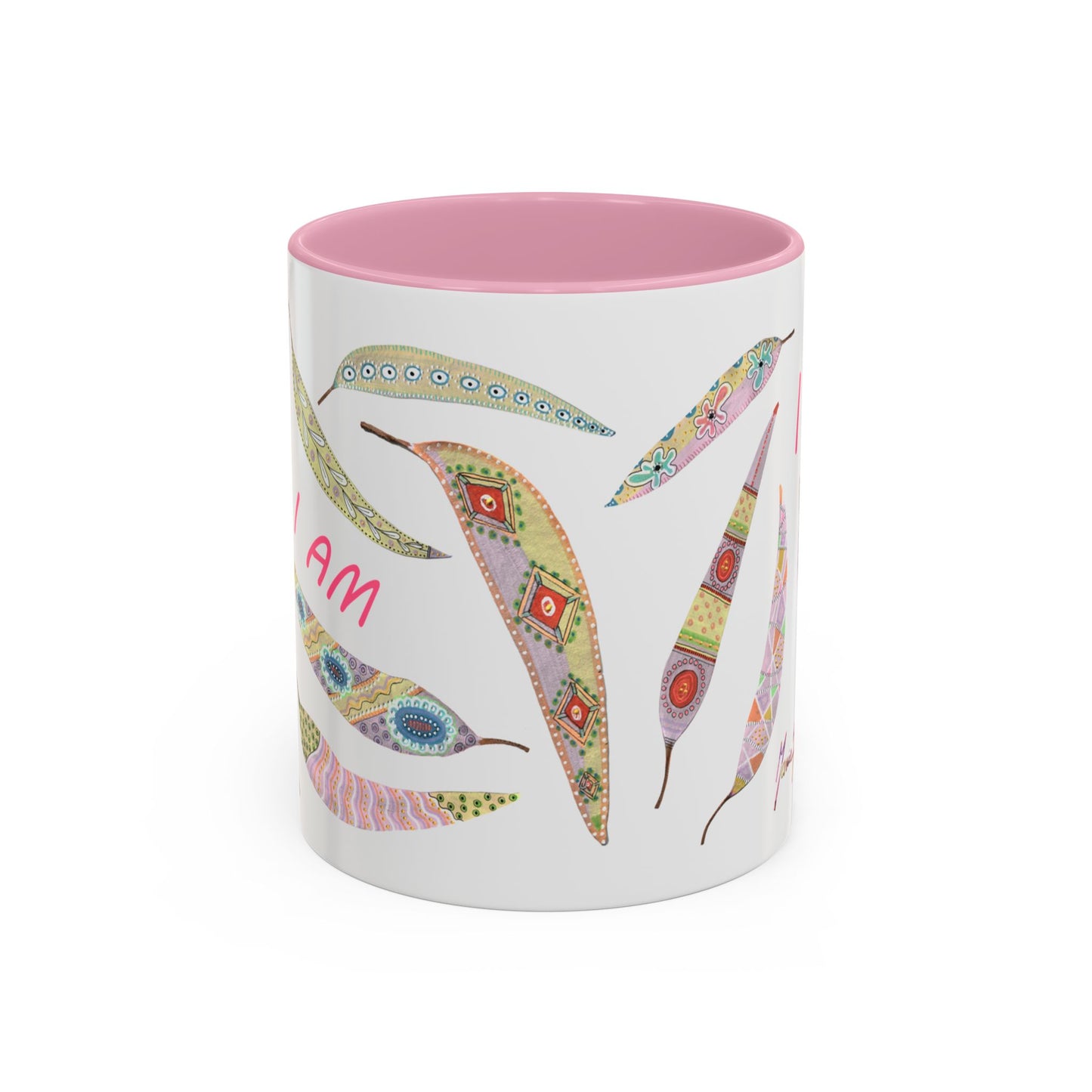 I AM - long pastel painted Eucalyptus leaves mug by Artist Marie Frederique
