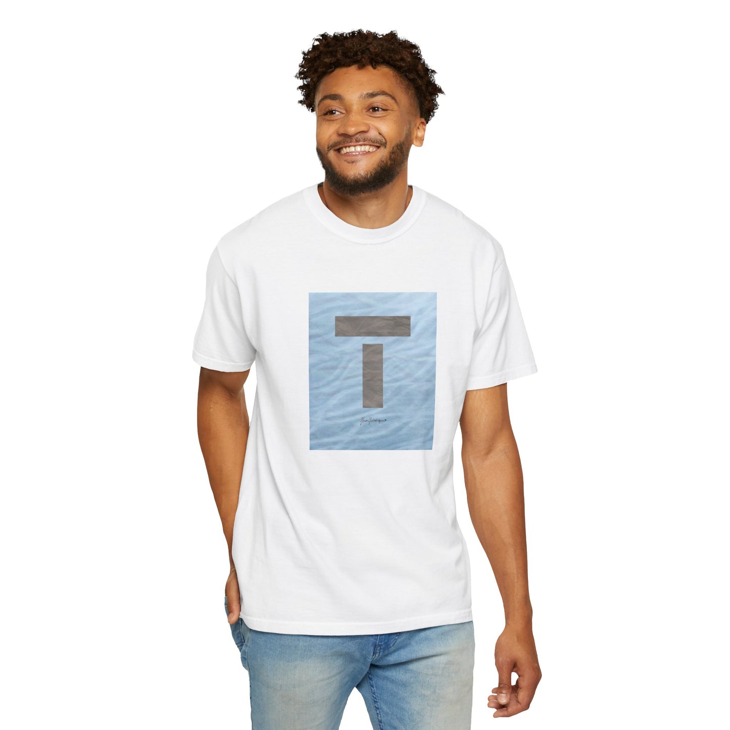 T symbol, Star Energy in a soft grey with light blue water reflections, Unisex Garment-Dyed T-shirt by artist Marie Frederique