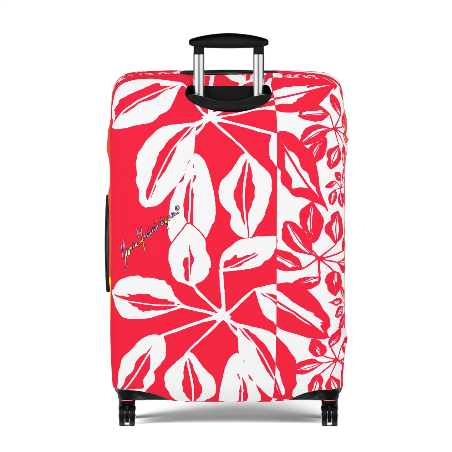 Luggage Cover, Tropical leaves in Red and White by artist Marie Frederique