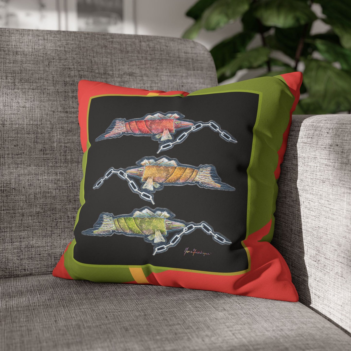 Trio Snout fish Faux Suede Pillowcase — Colorful Nautical Chain Fish by artist Marie Frederique