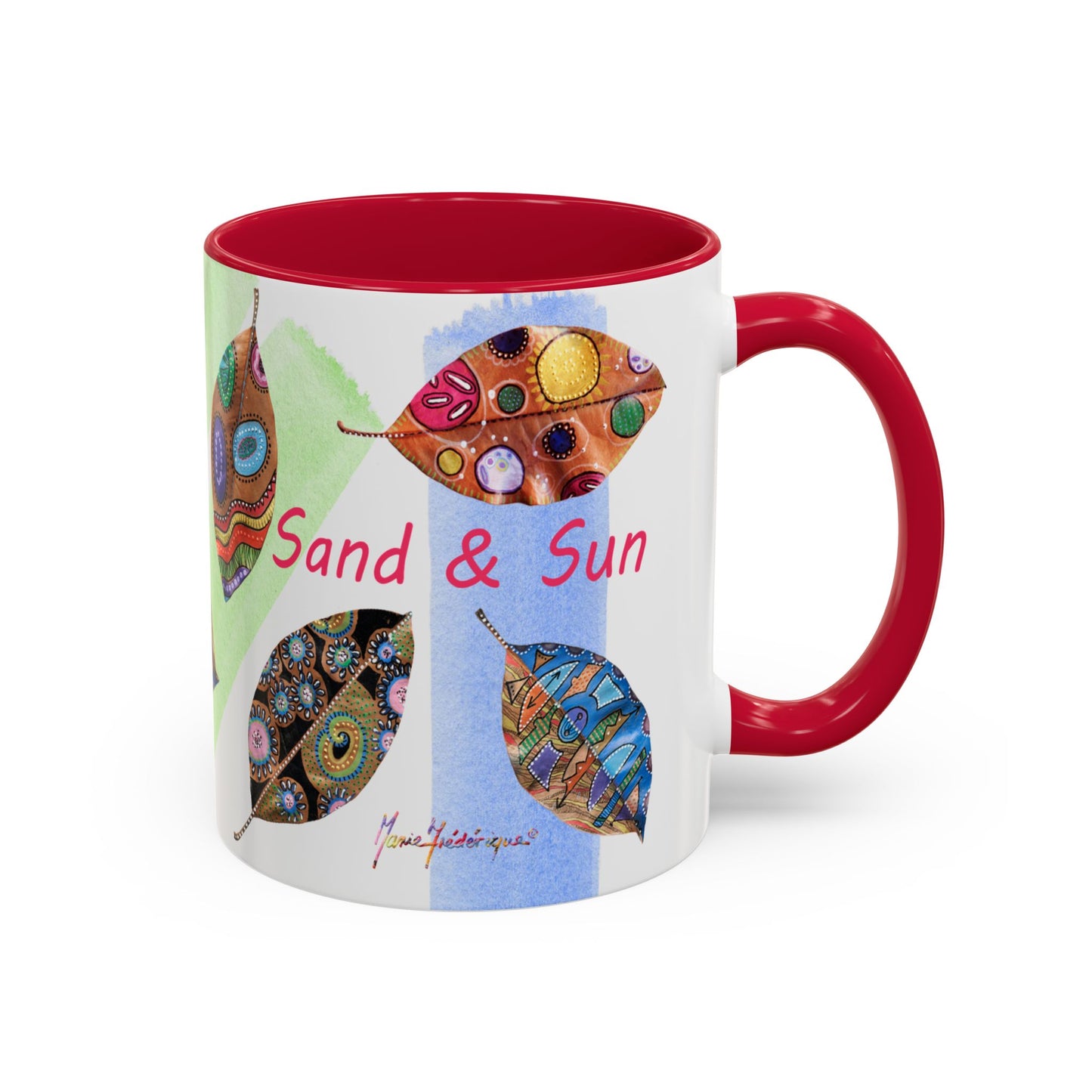 Surf, Sand and Sun multicolored painted leaves - Colorful Mug by Artist Marie Frederique
