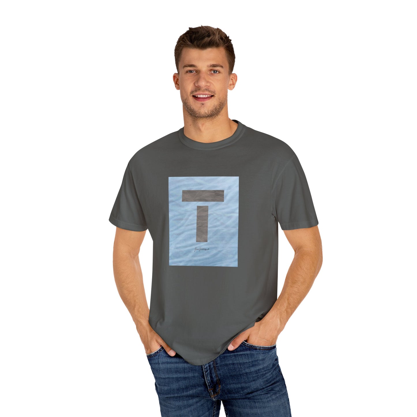 T symbol, Star Energy in a soft grey with light blue water reflections, Unisex Garment-Dyed T-shirt by artist Marie Frederique