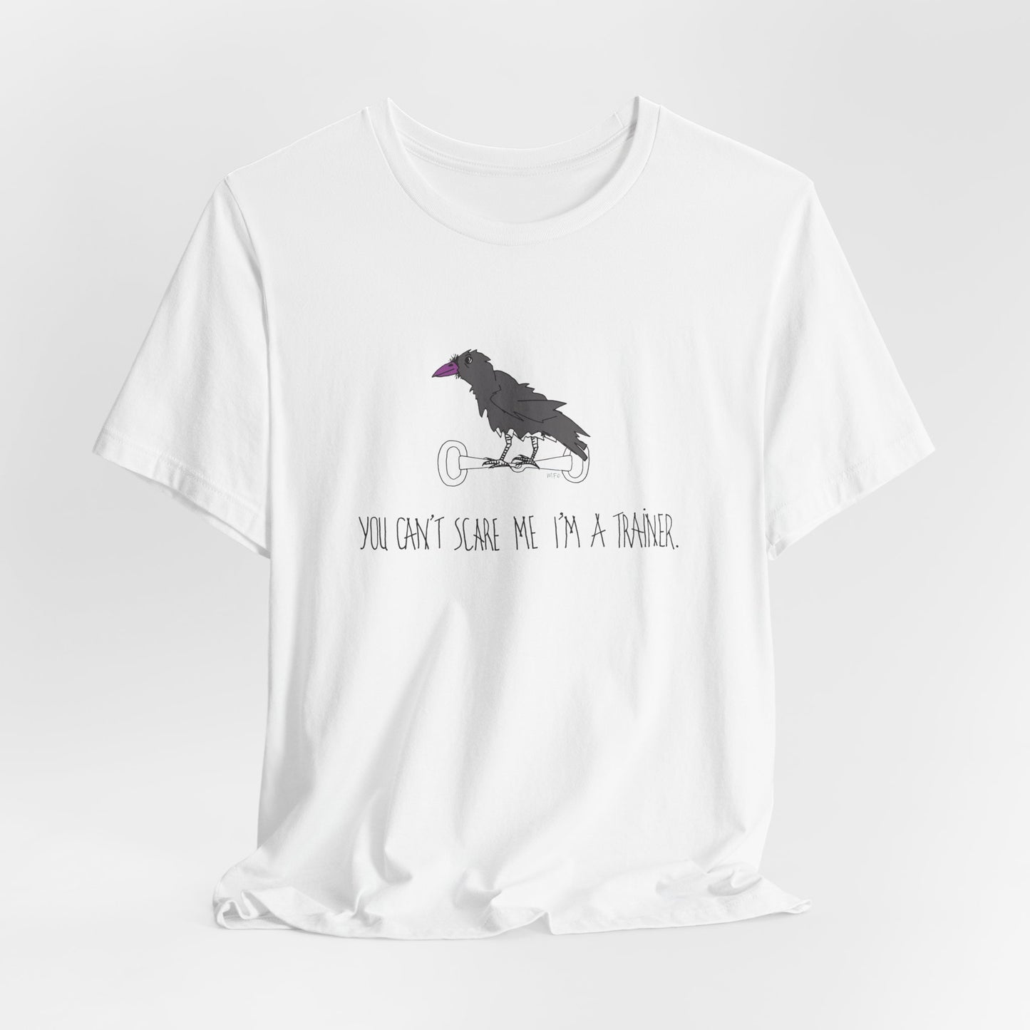 Halloween Equestrian Trainer Special. Crow on a snaffle bit. "You can't scare me I'm a trainer" - Unisex Jersey Short Sleeve Cotton Tee by artist Marie Frederique