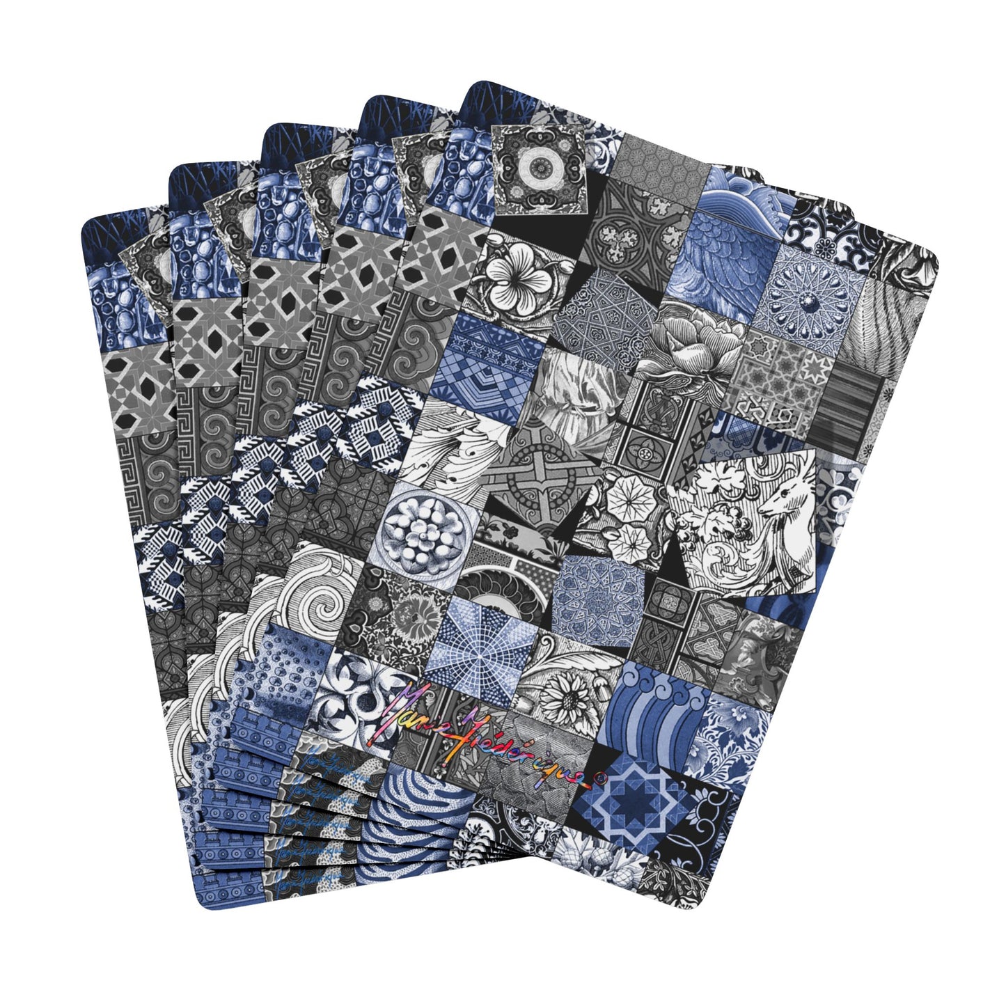 Mosaic Blue Squares, Stylish Poker Playing Cards Set - Decorative Black/white & Blue Design by artist Marie Frederique