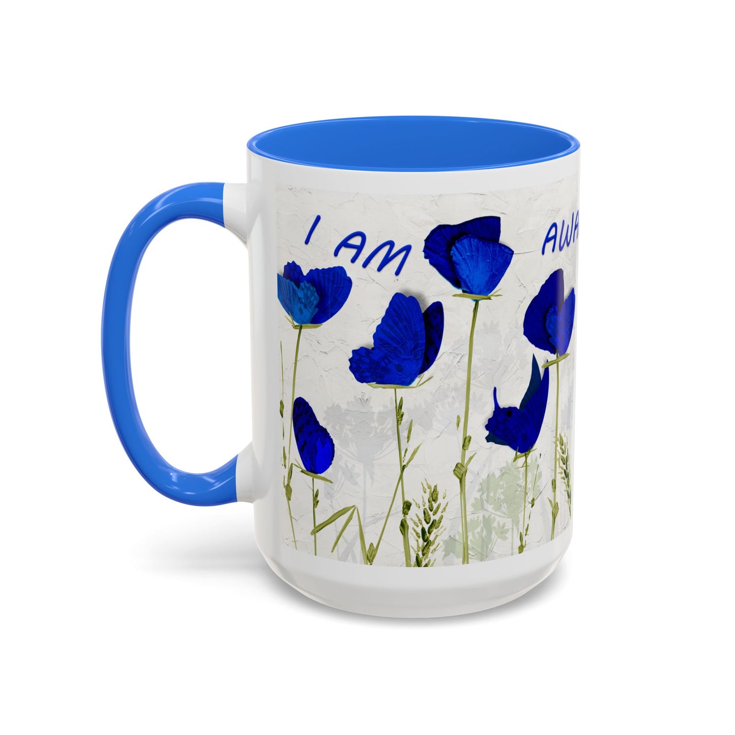 I am awakening, Butterfly flowers in blues. Colorful Mug by Artist Marie Frederique