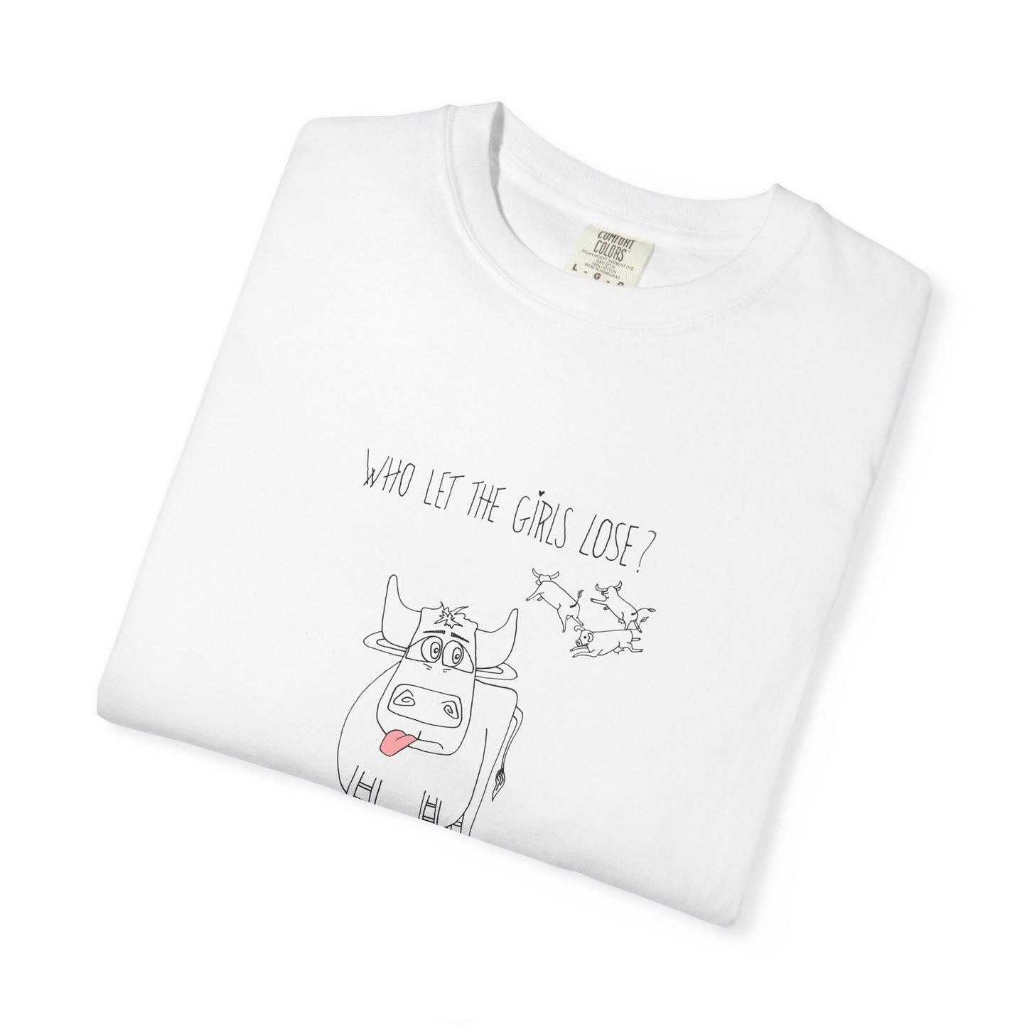 Whimsical Bull T-Shirt "Who let the girls out?" by artist Marie Frederique