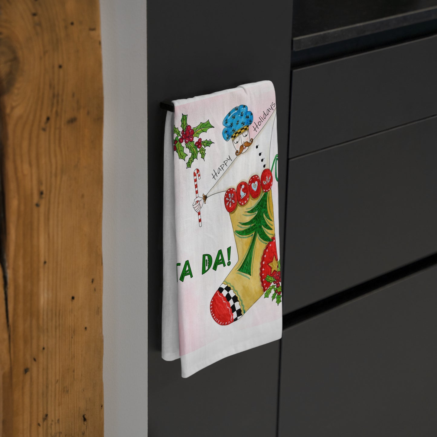 Christmas Tea Towel, TA DA! Whimsical chef jumping out of stocking - by artist Marie Frederique