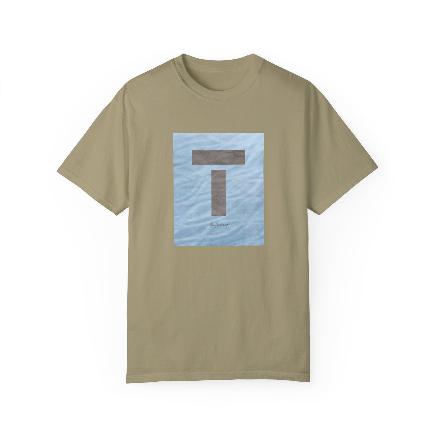 T symbol, Star Energy in a soft grey with light blue water reflections, Unisex Garment-Dyed T-shirt by artist Marie Frederique