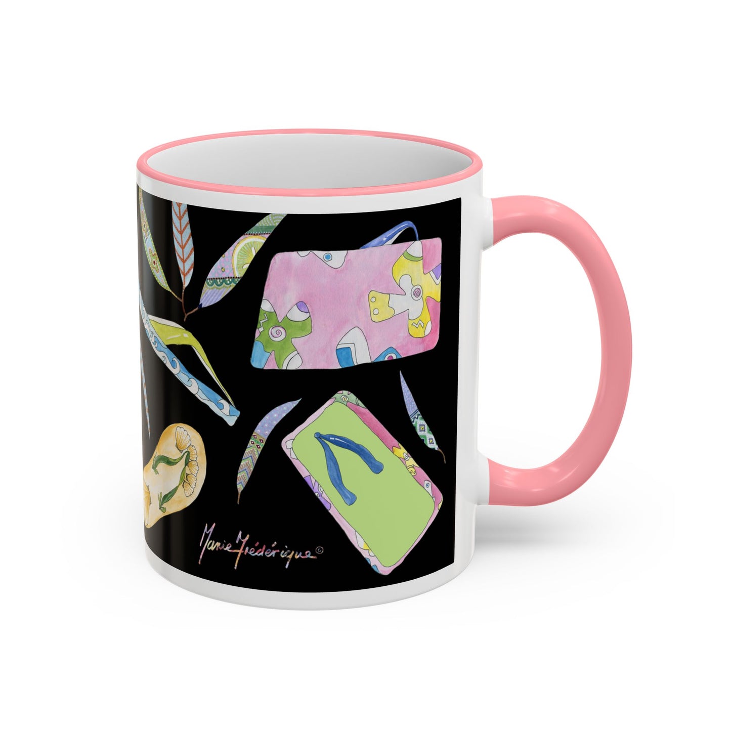 Vacation Fun Flip-Flop Accent Rim Mug — 11oz/15oz Ceramic Coffee Cup by artist Marie Frederique