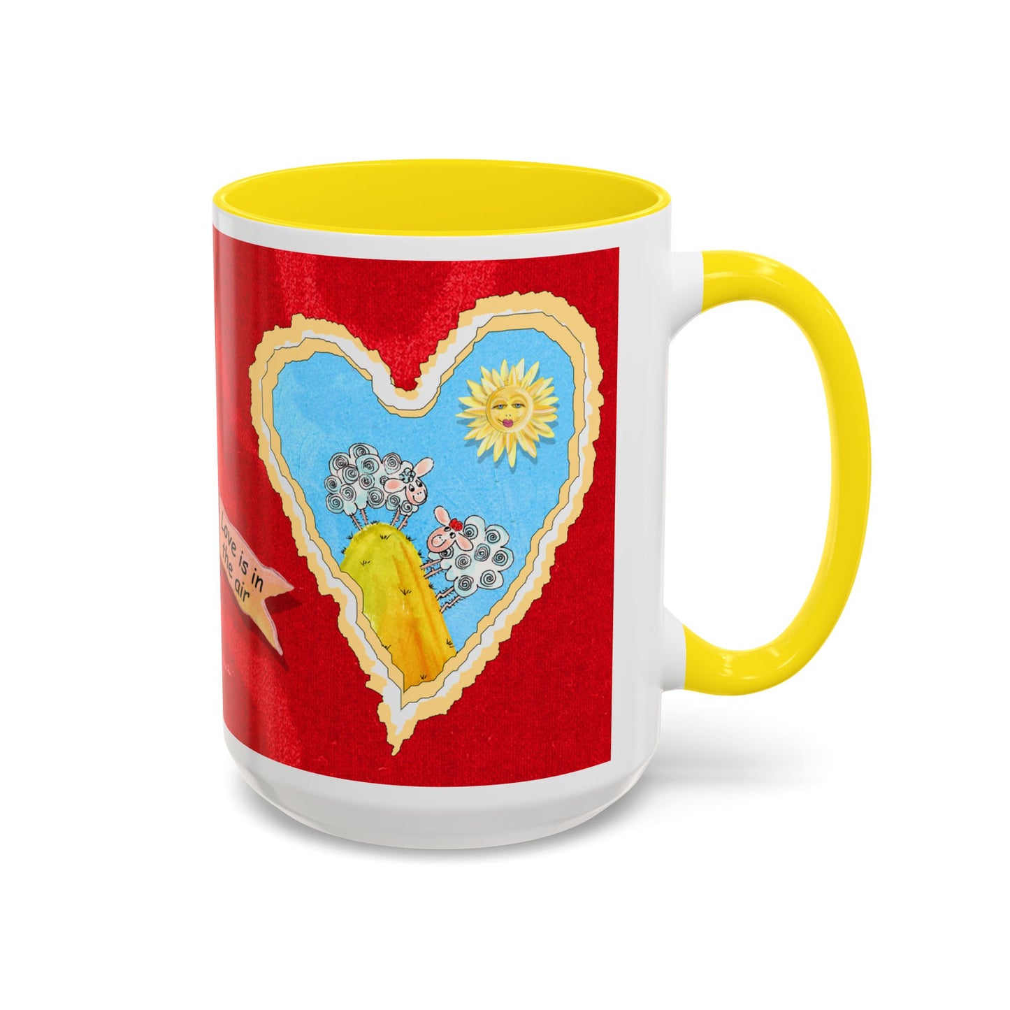 Valentine Sheep, Love is in the air with flying pig - Accent Coffee Mug (11, 15oz) by artist Marie Frederique