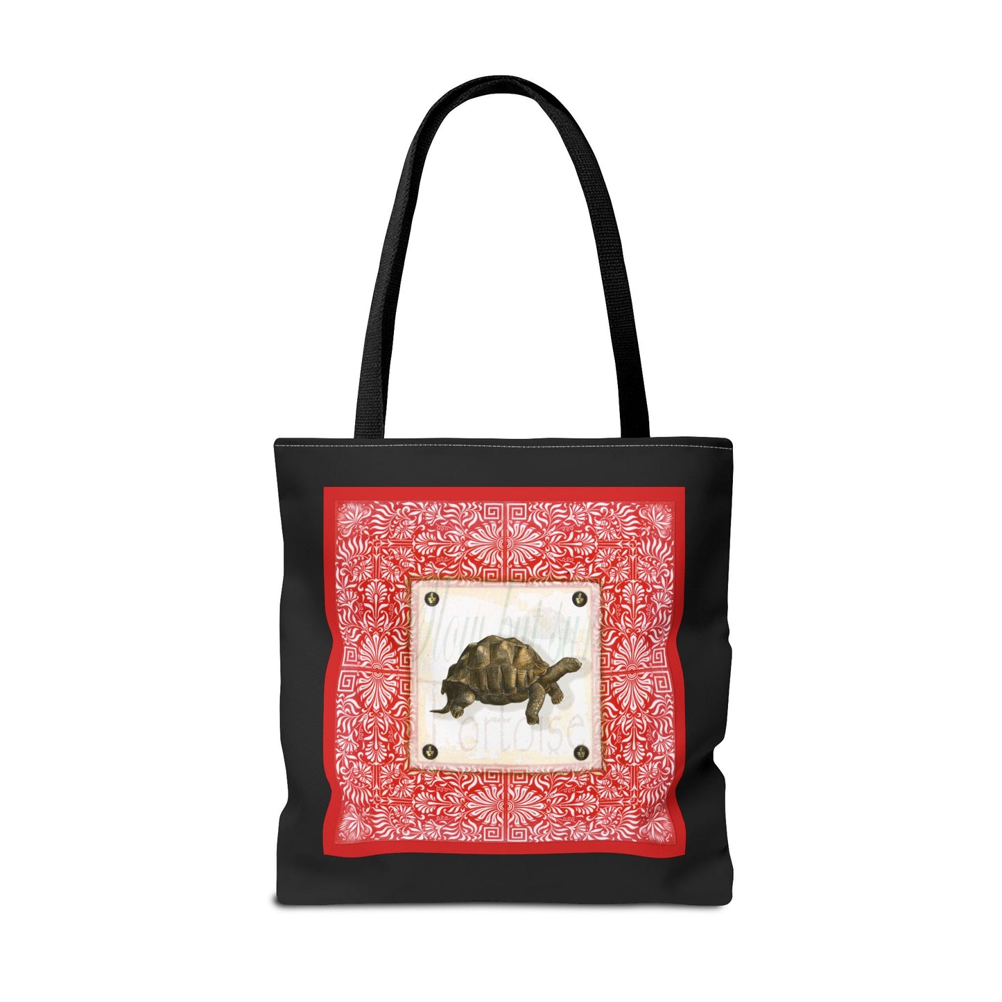 Tortoise, Red on black Tote Bag by artist Marie Frederique