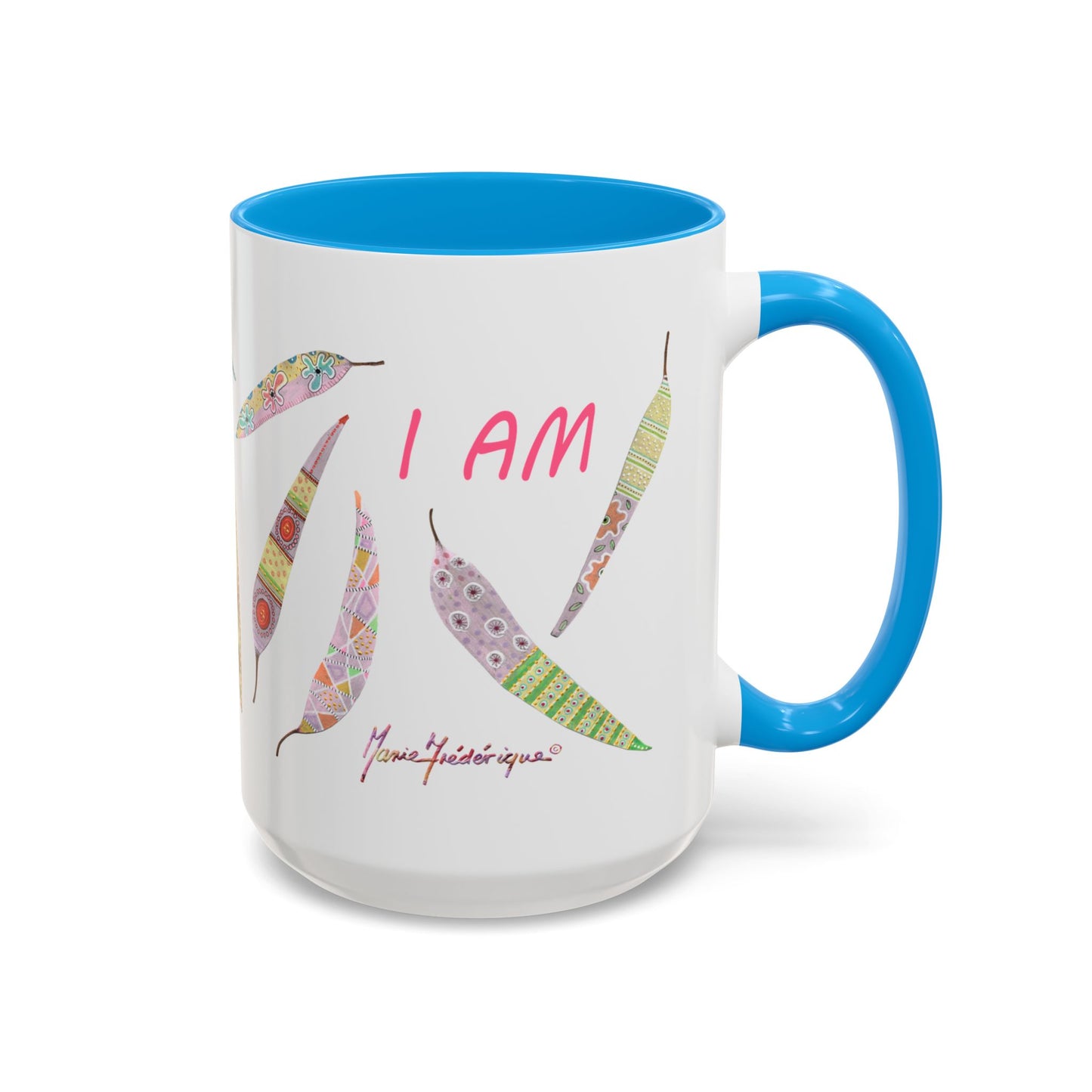 I AM - long pastel painted Eucalyptus leaves mug by Artist Marie Frederique