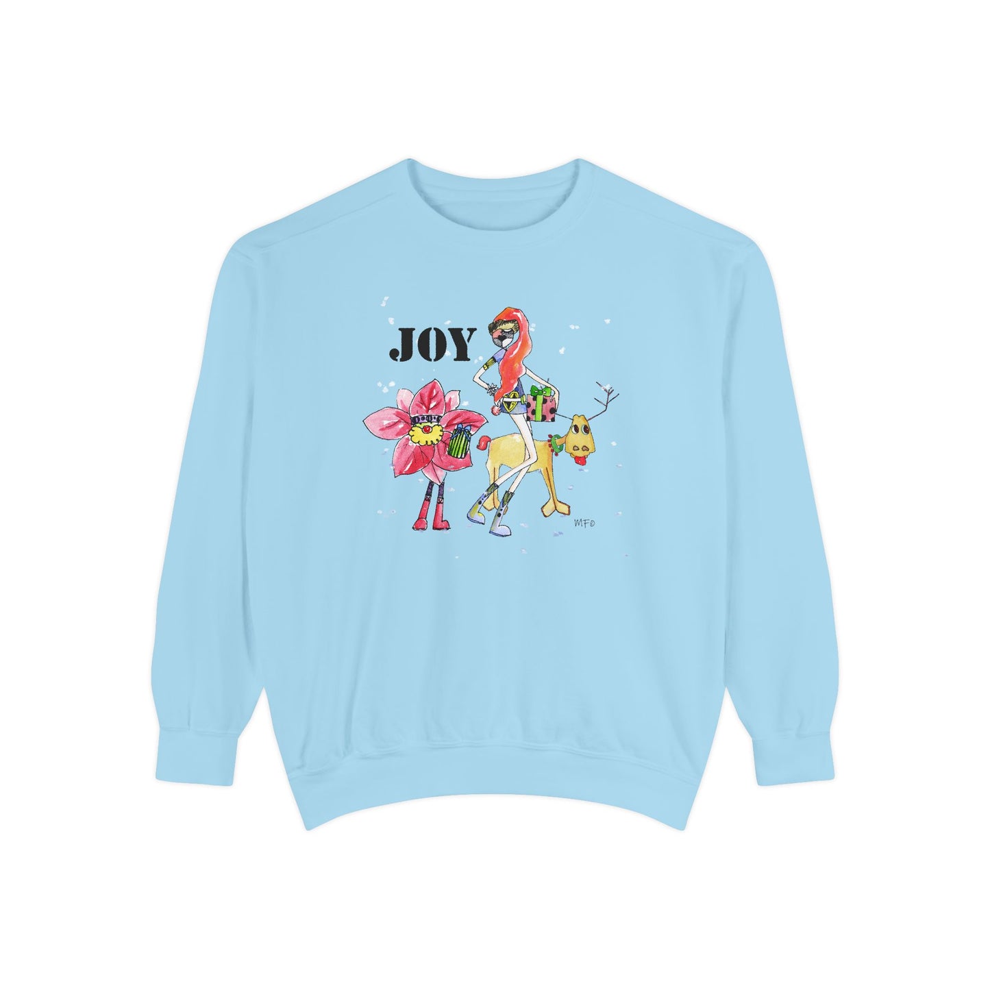 Christmas Sweatshirt "JOY" with Whimsical Characters by artist Marie Frederique